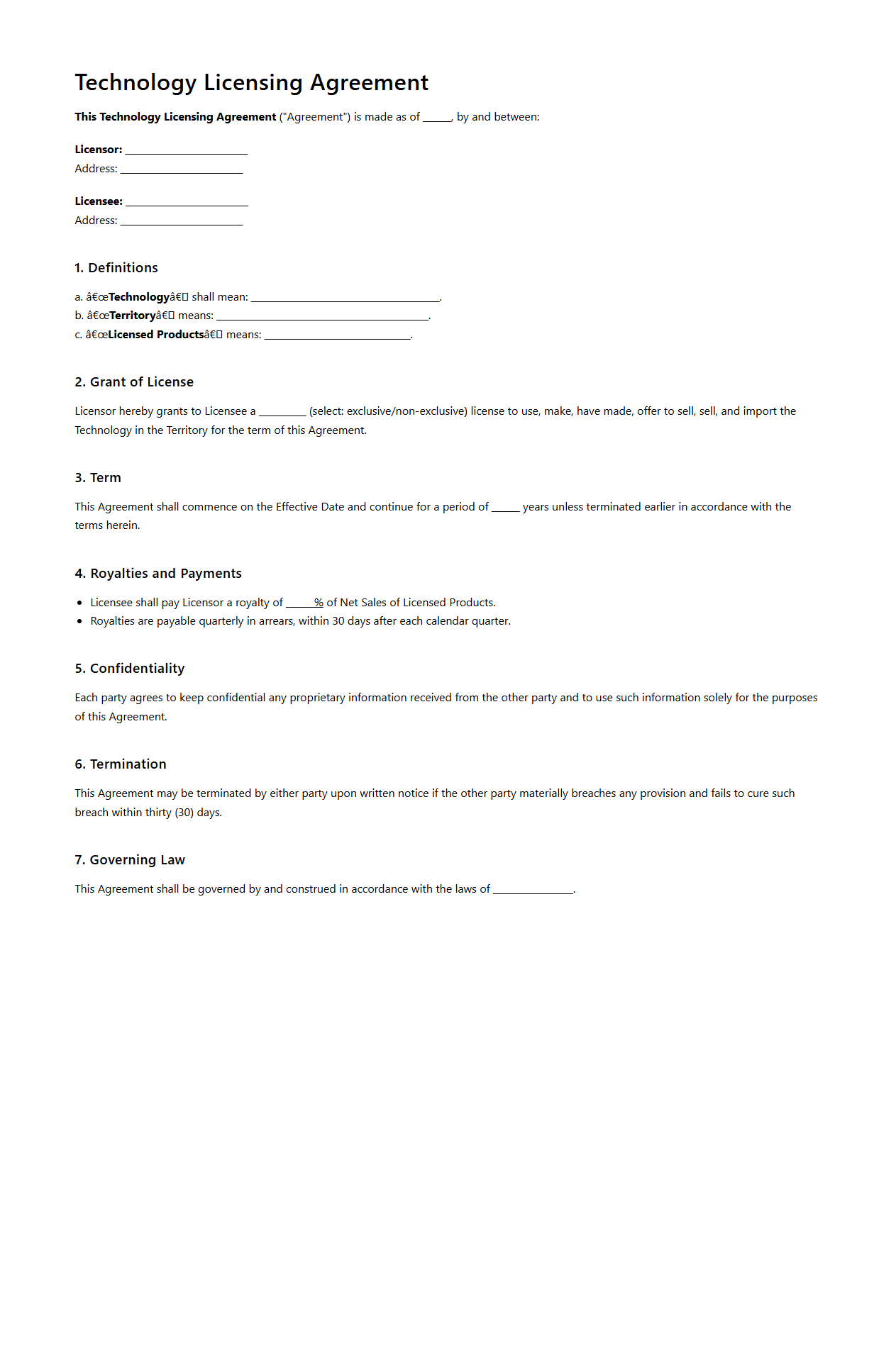 Technology Licensing Agreement Document