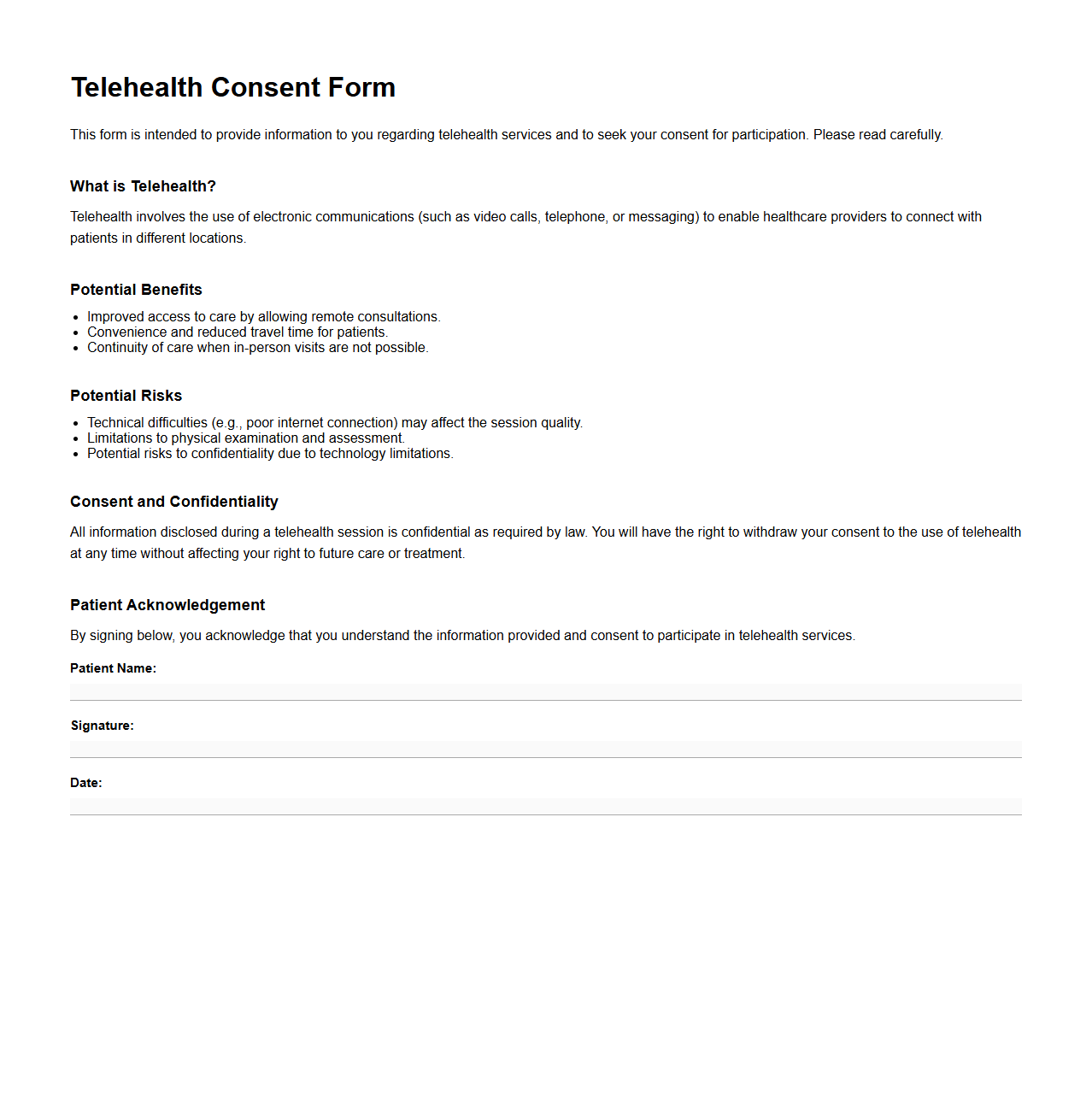 Telehealth Consent Form Sample
