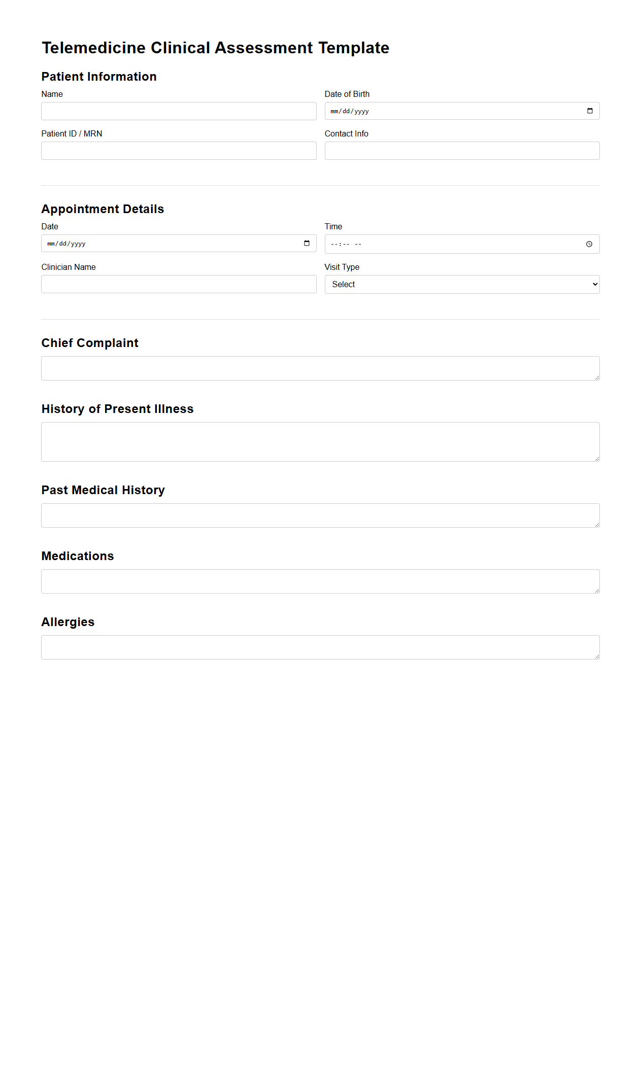 Telemedicine Clinical Assessment Template