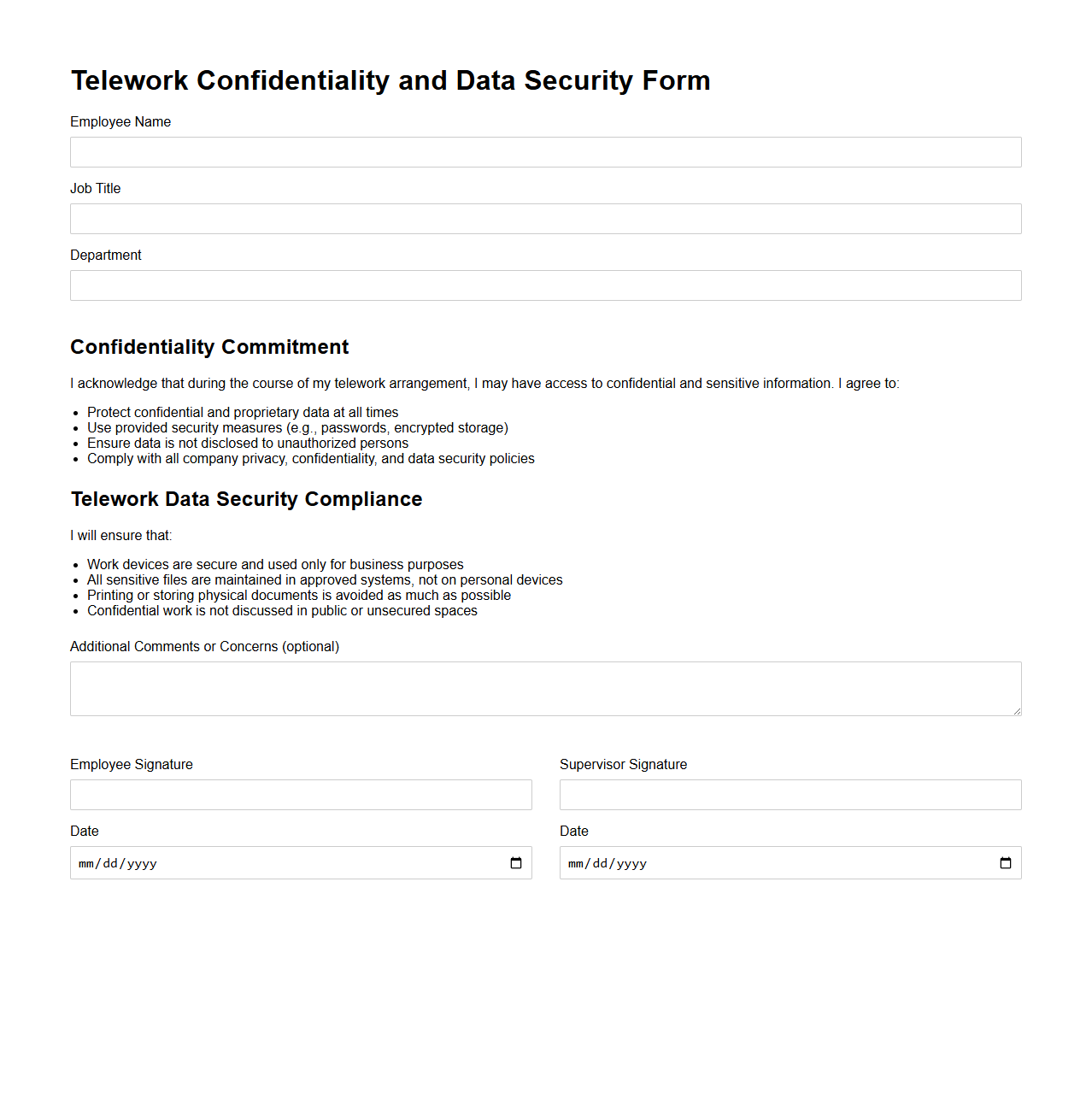 Telework Confidentiality and Data Security Form