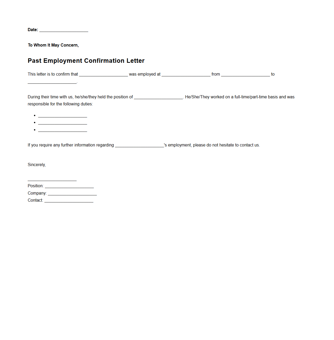 Template: Past Employment Confirmation Letter