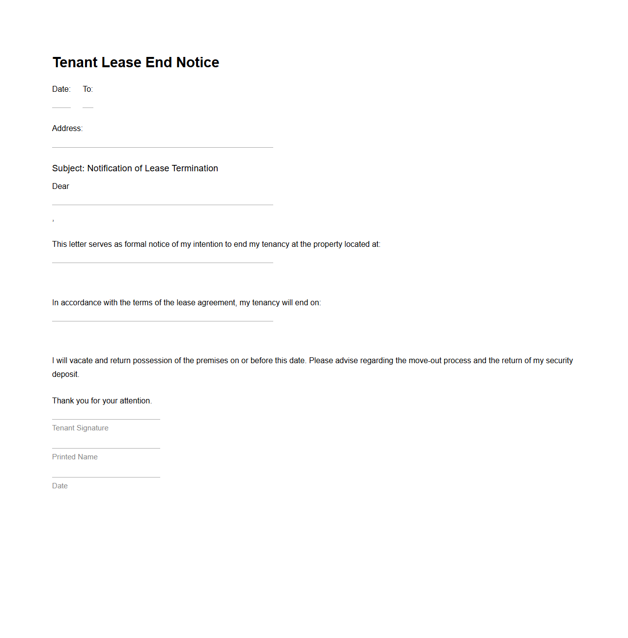 Tenant Lease End Notice Template