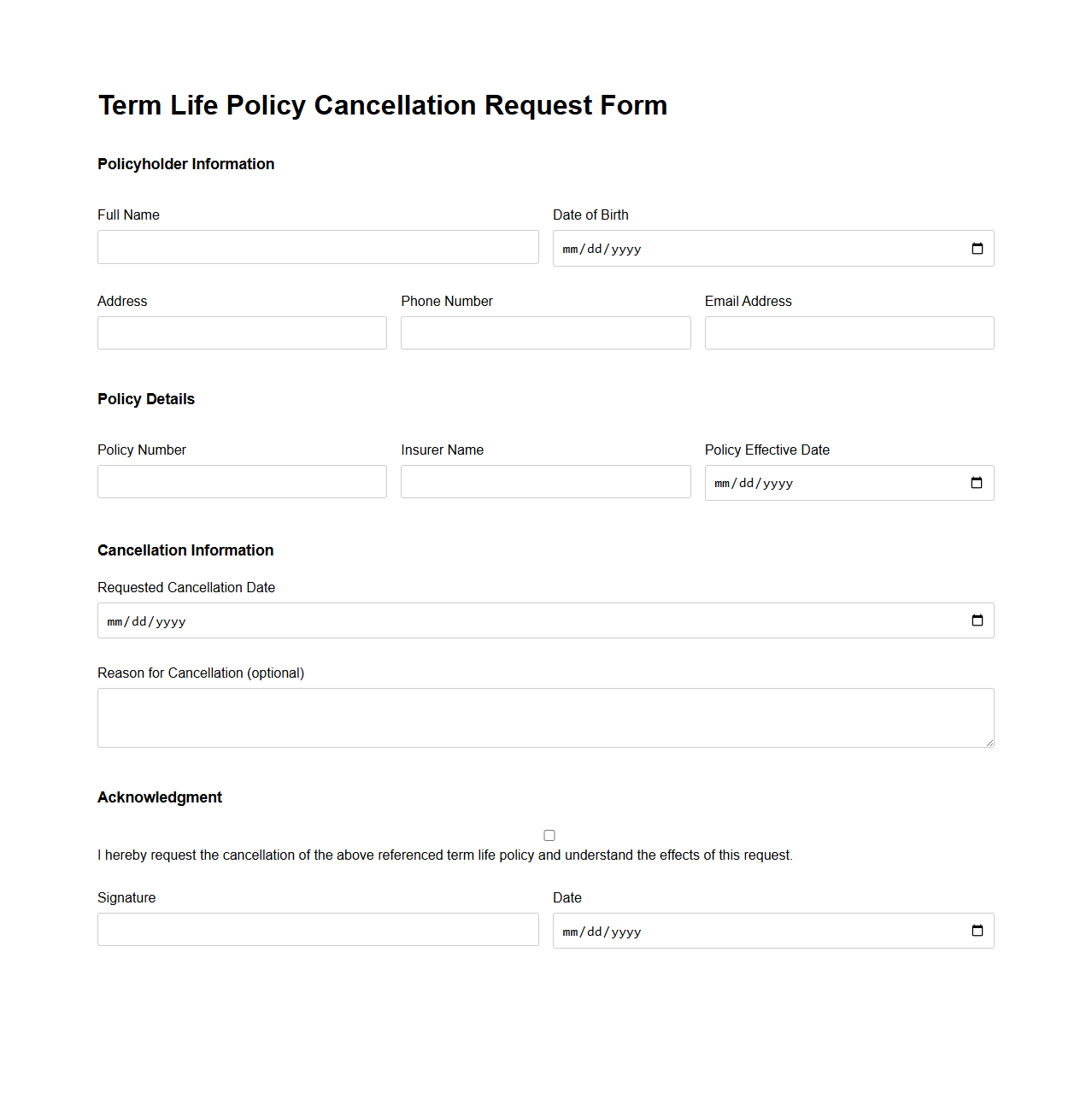 Term Life Policy Cancellation Request Form Template
