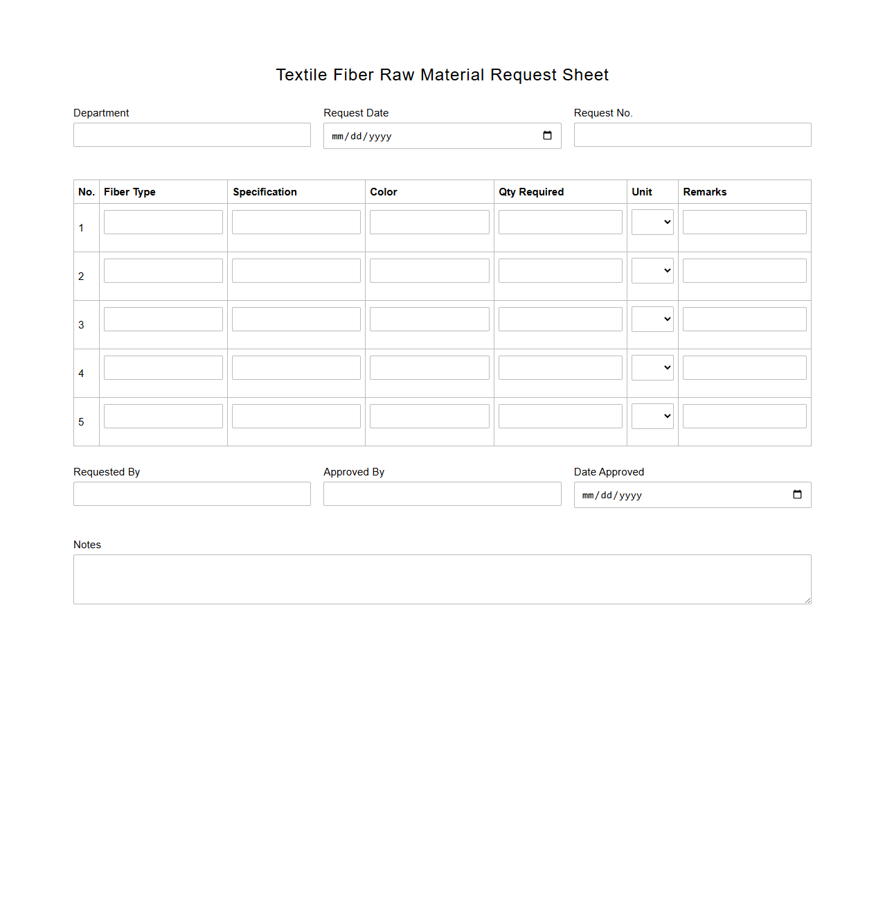 Textile Fiber Raw Material Request Sheet