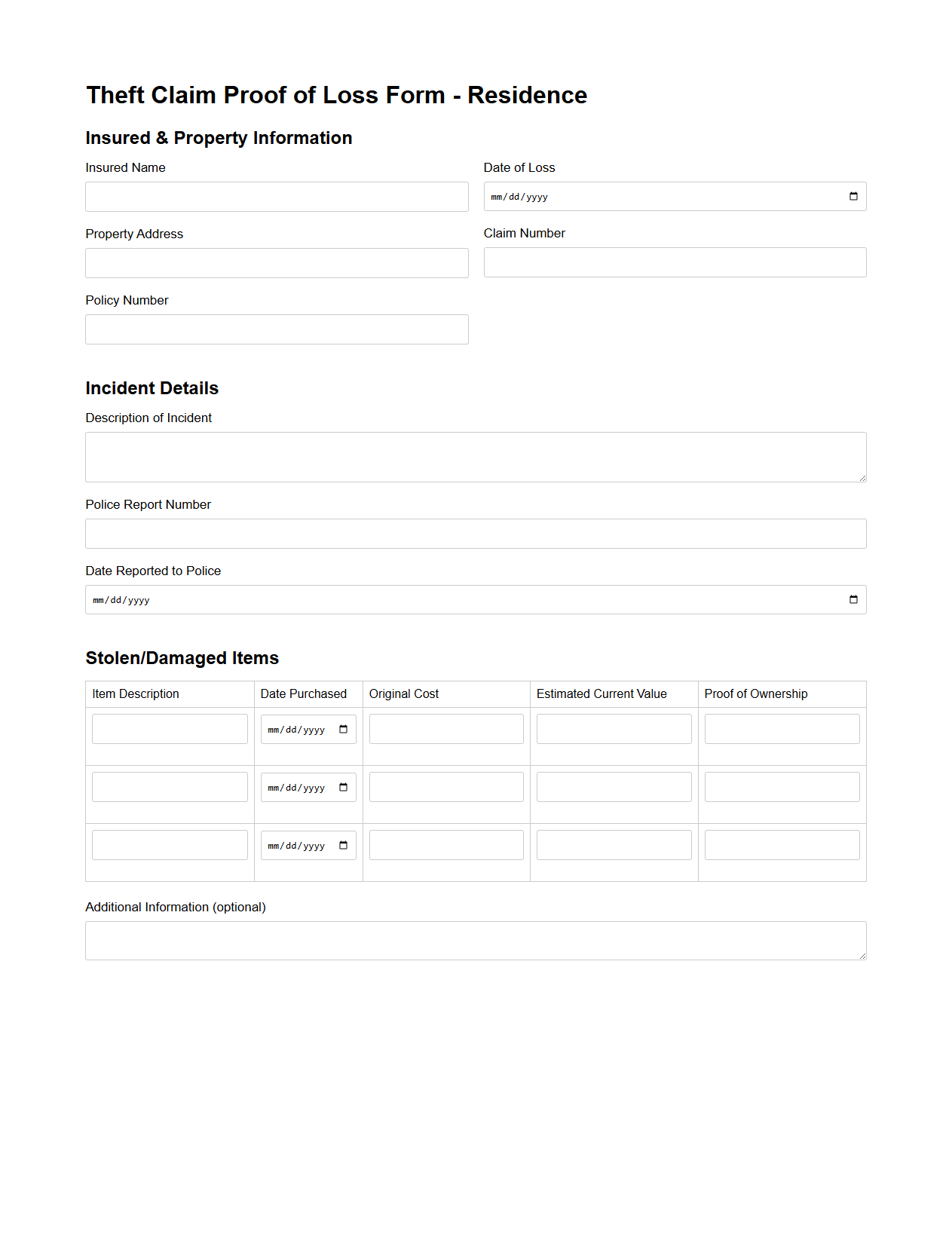 Theft Claim Proof of Loss Template for Residence