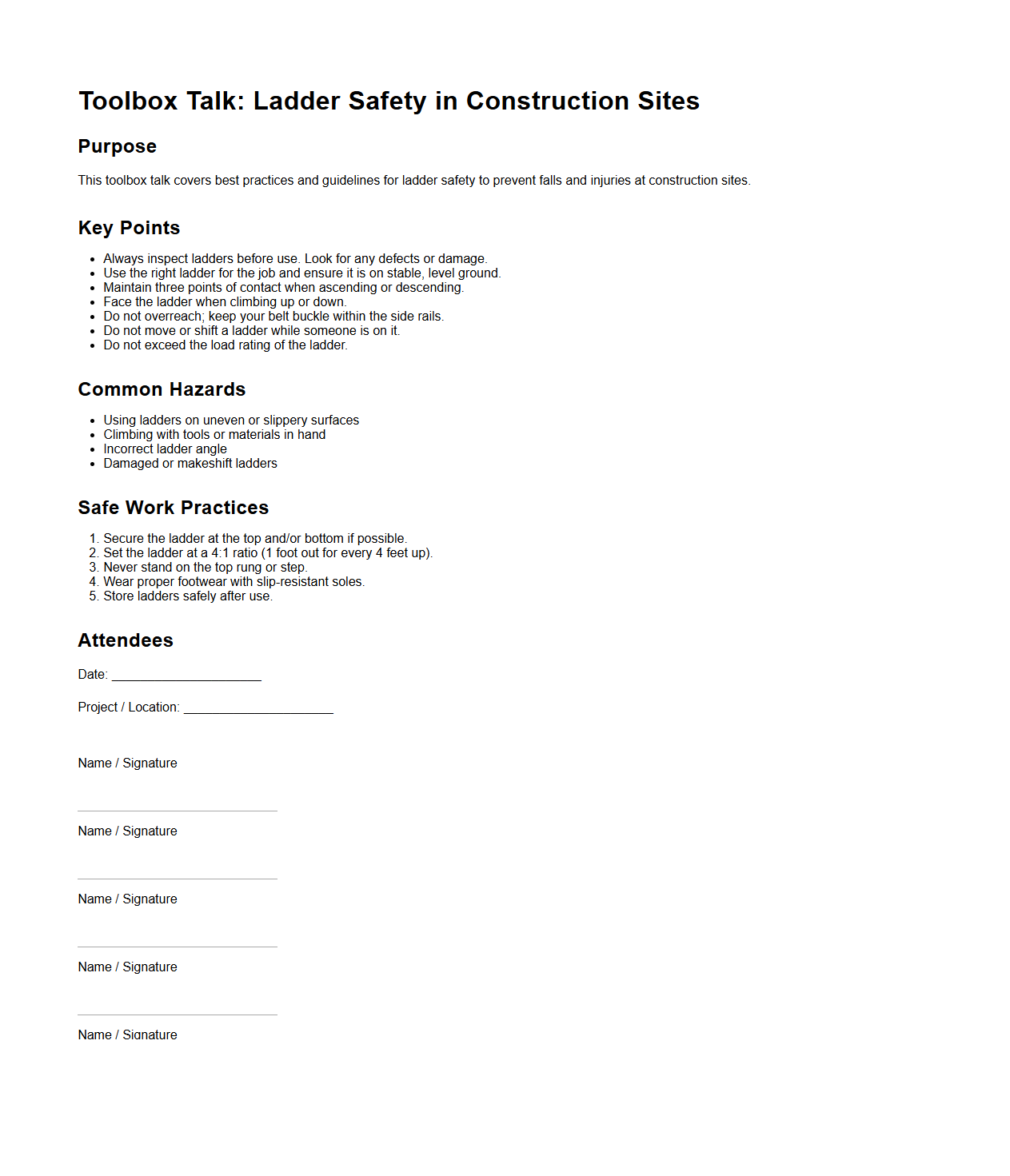 Toolbox Talk: Ladder Safety in Construction Sites
