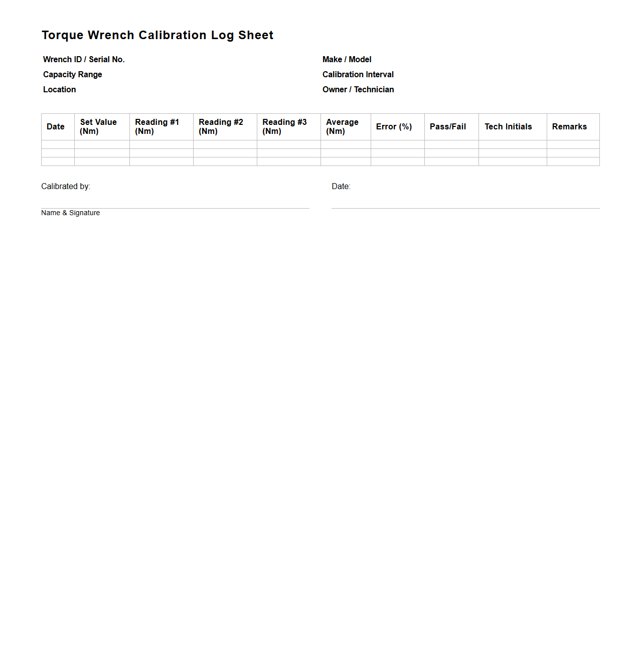 Torque Wrench Calibration Log Sheet Sample