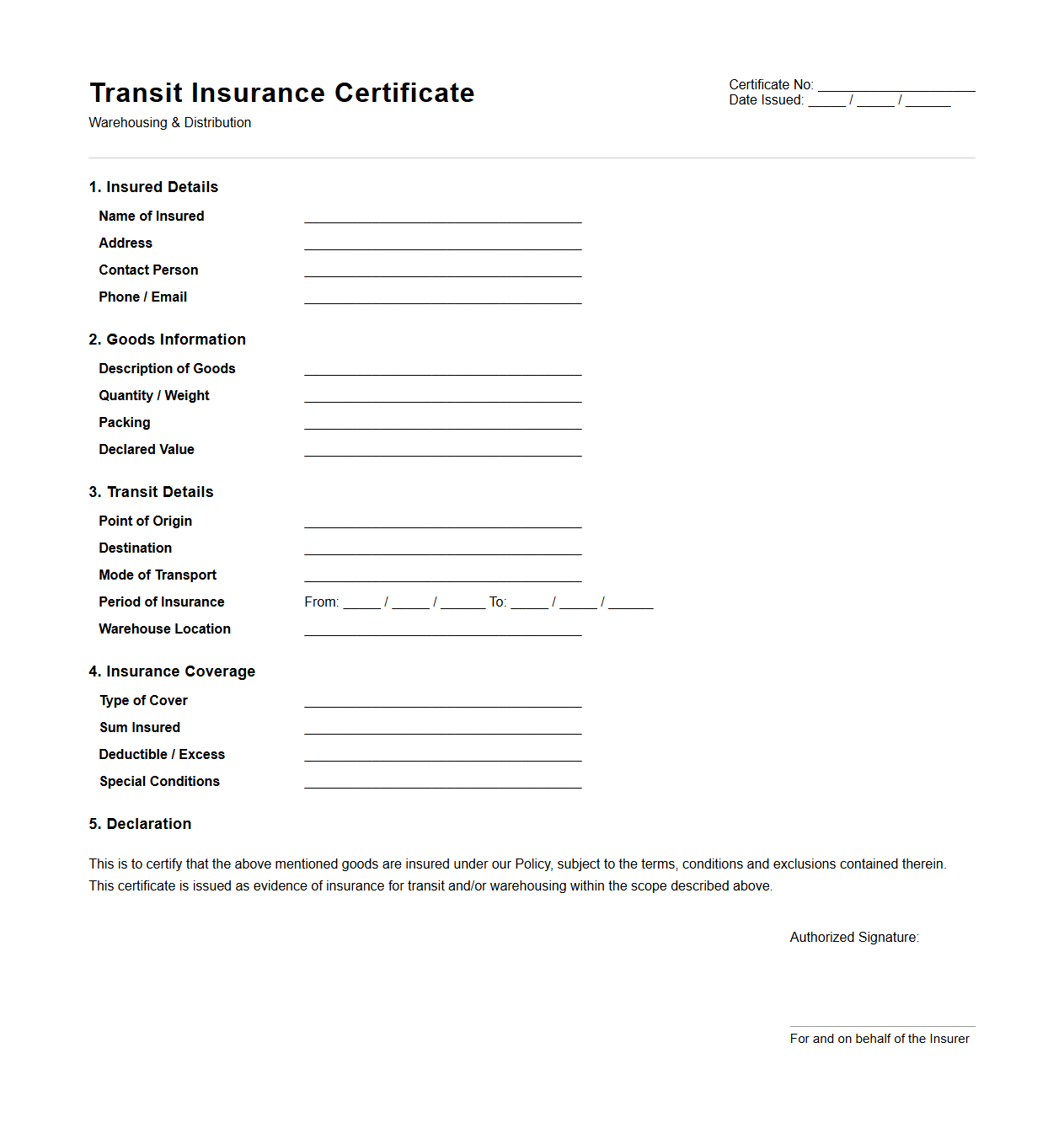 Transit Insurance Certificate Design for Warehousing and Distribution