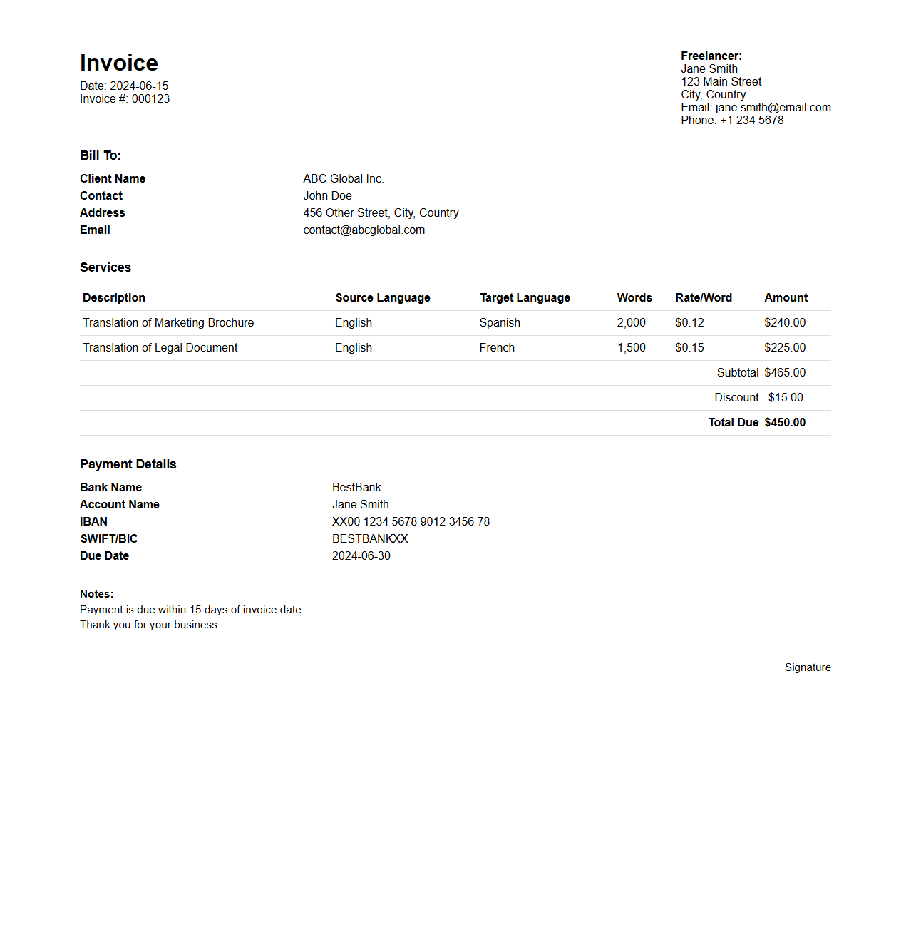 Translation Services Freelance Invoice Sample