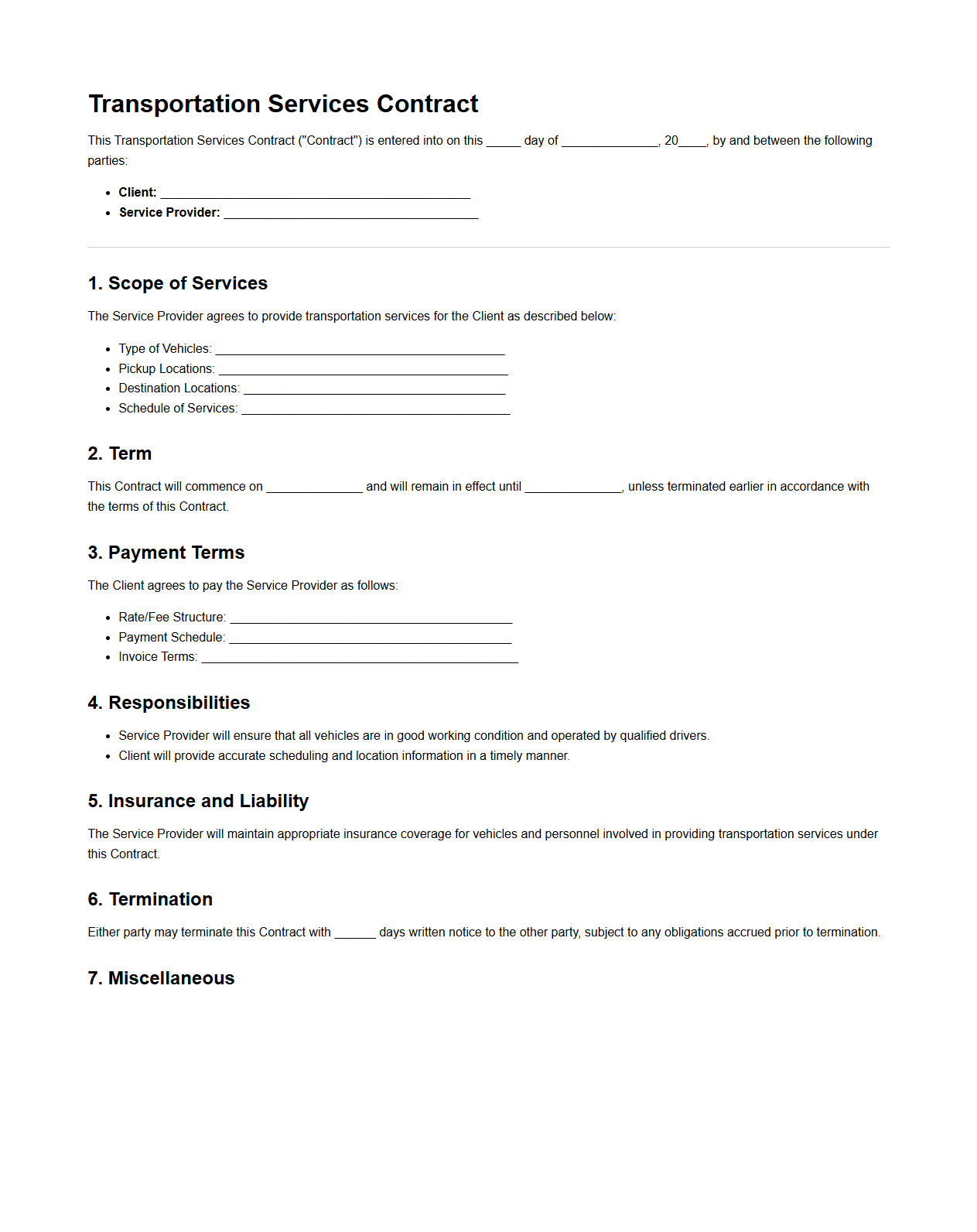 Transportation Services Contract Model