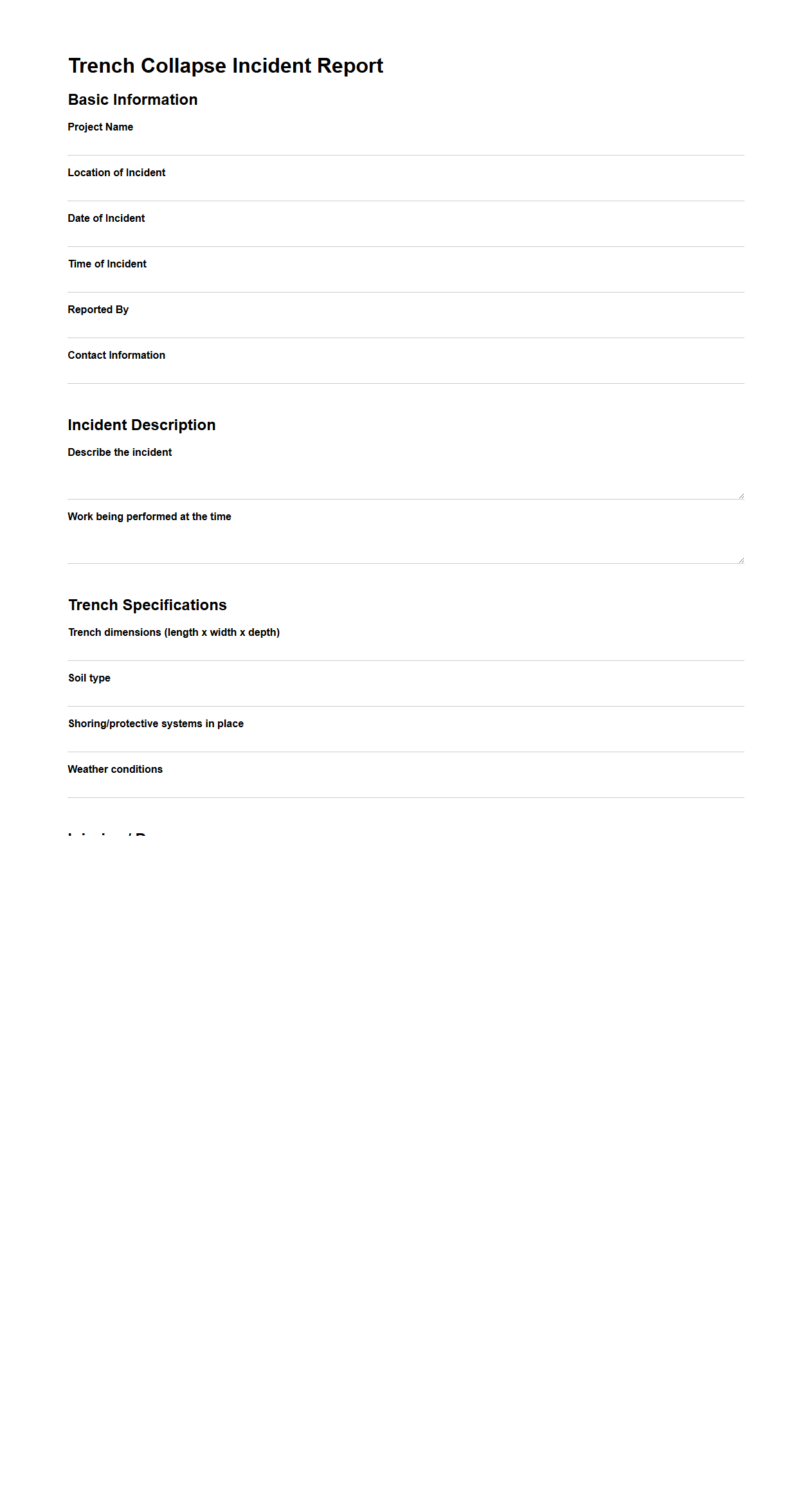 Trench Collapse Incident Report Sample