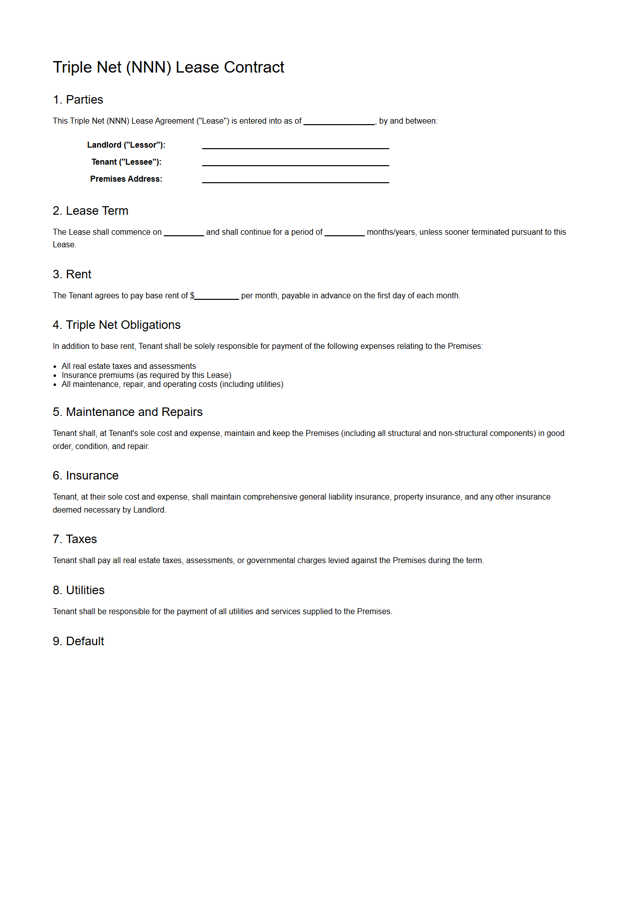 Triple Net (NNN) Lease Contract Example