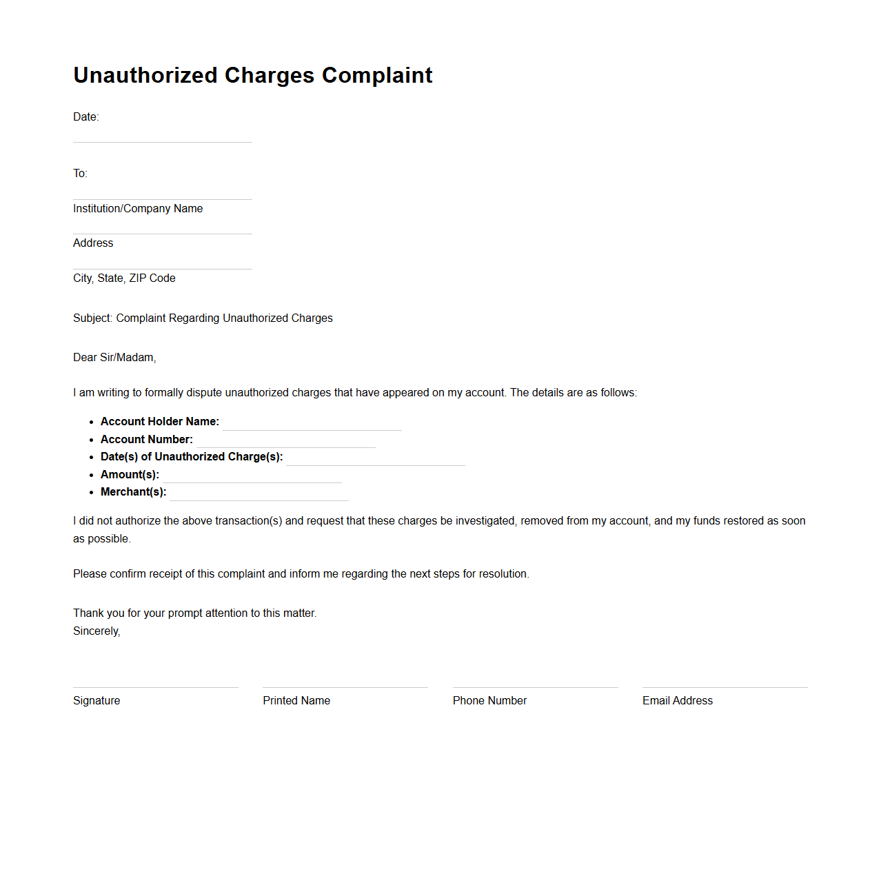 Unauthorized Charges Complaint Document Sample
