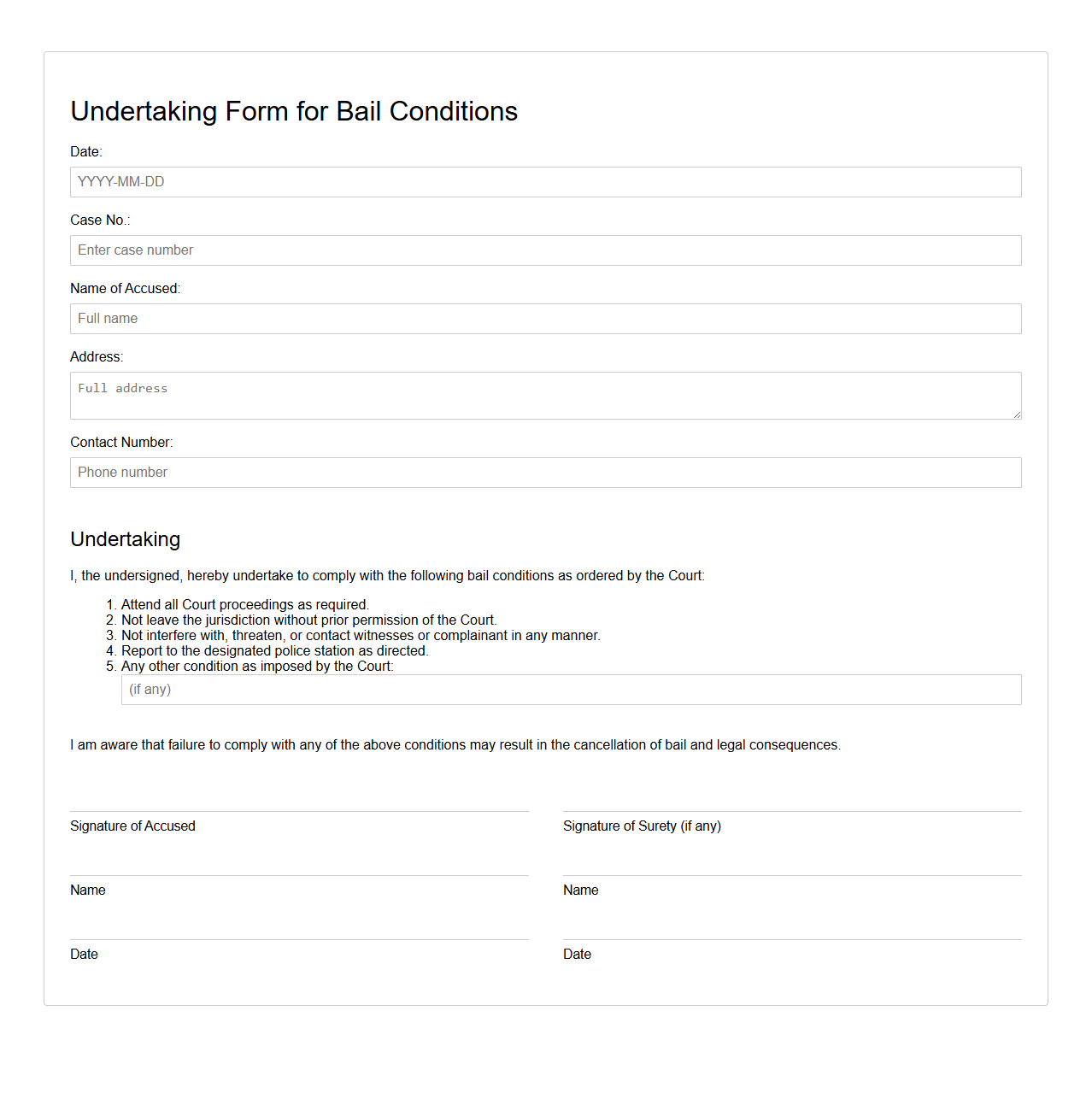 Undertaking Form for Bail Conditions