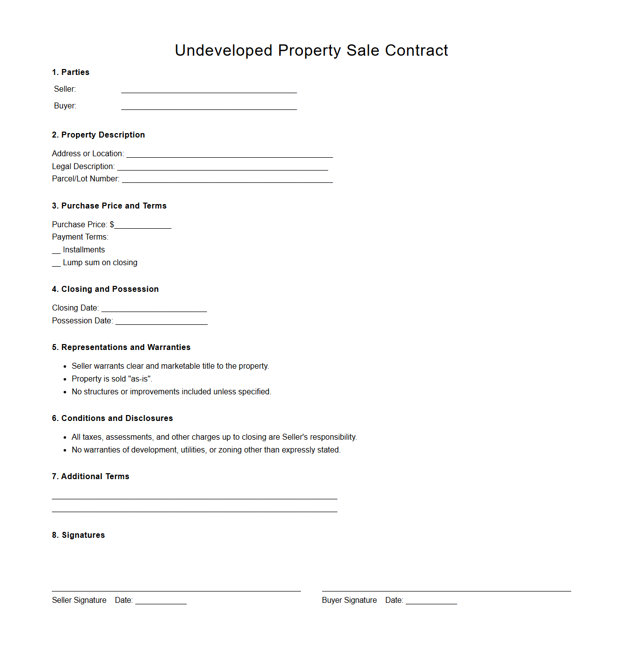 Undeveloped Property Sale Contract Format