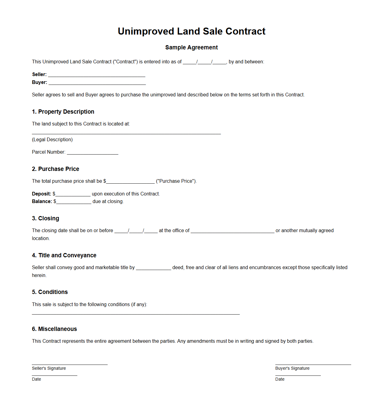 Unimproved Land Sale Contract Sample