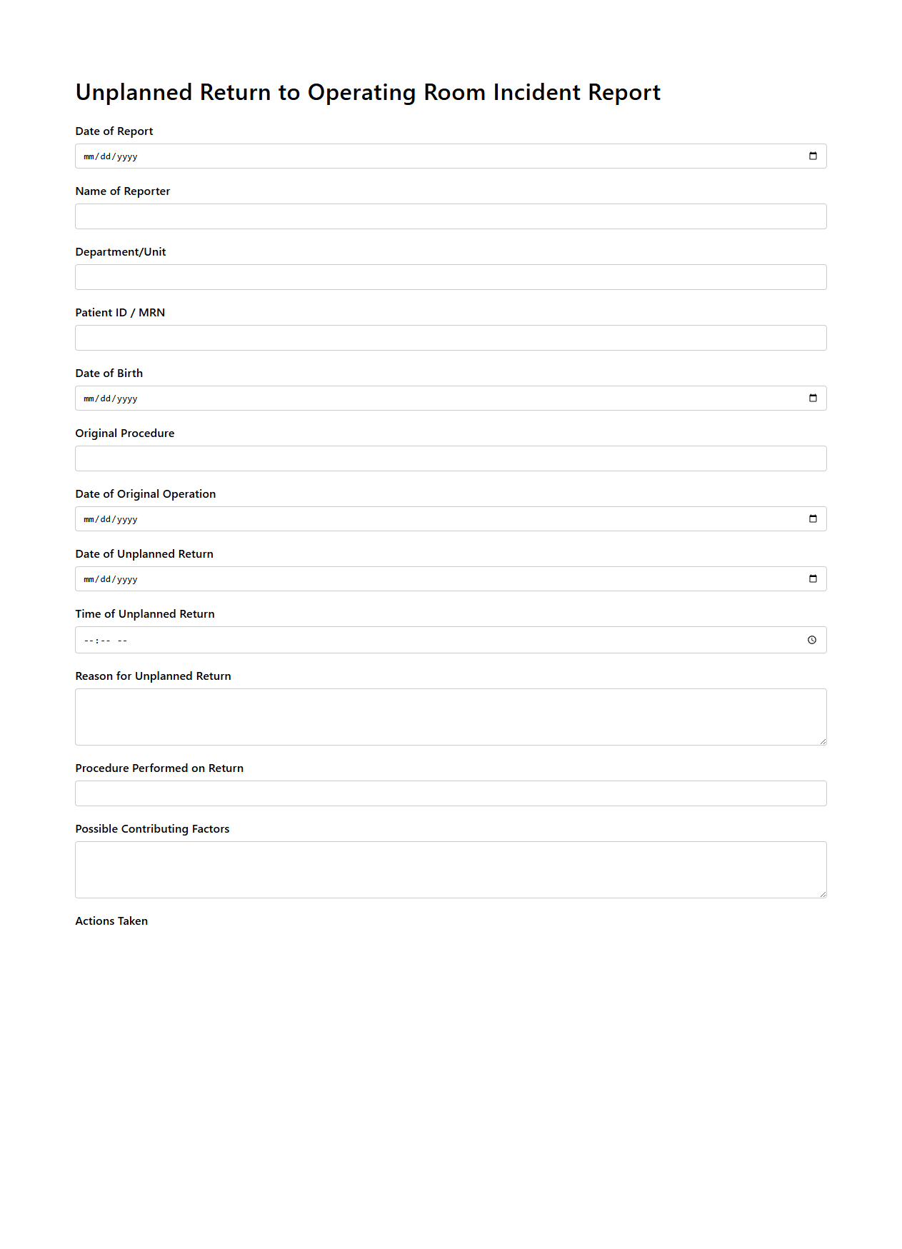 Unplanned Return to Operating Room Incident Report