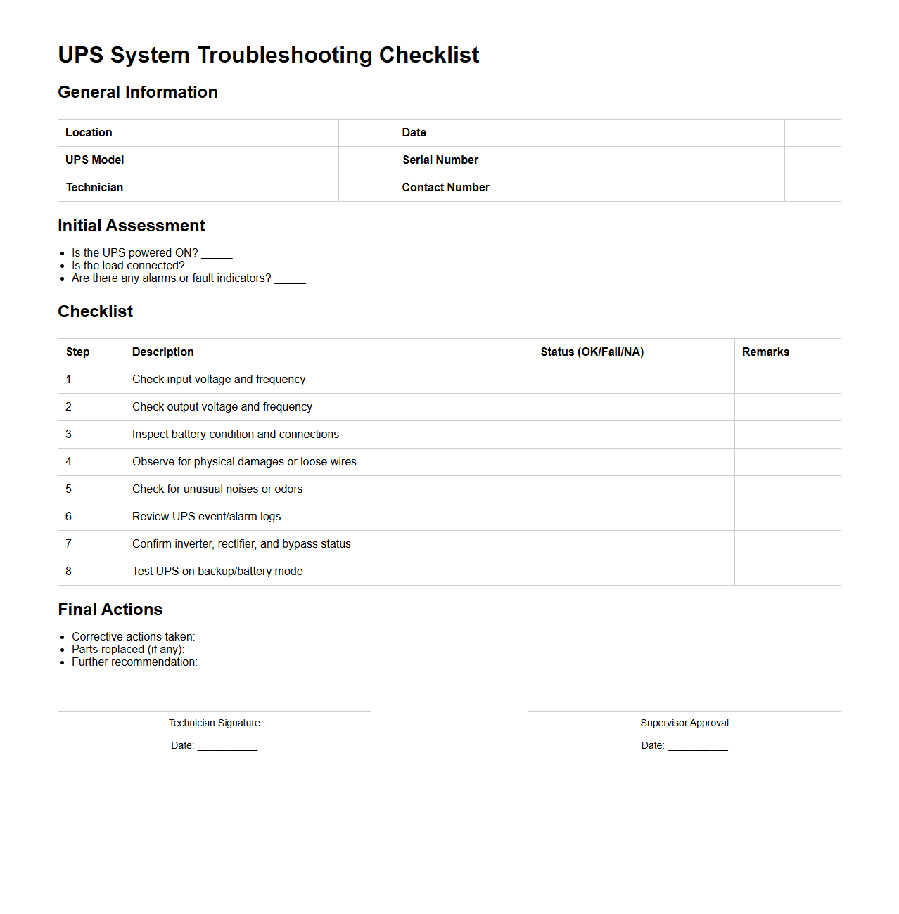 UPS System Troubleshooting Checklist Sample
