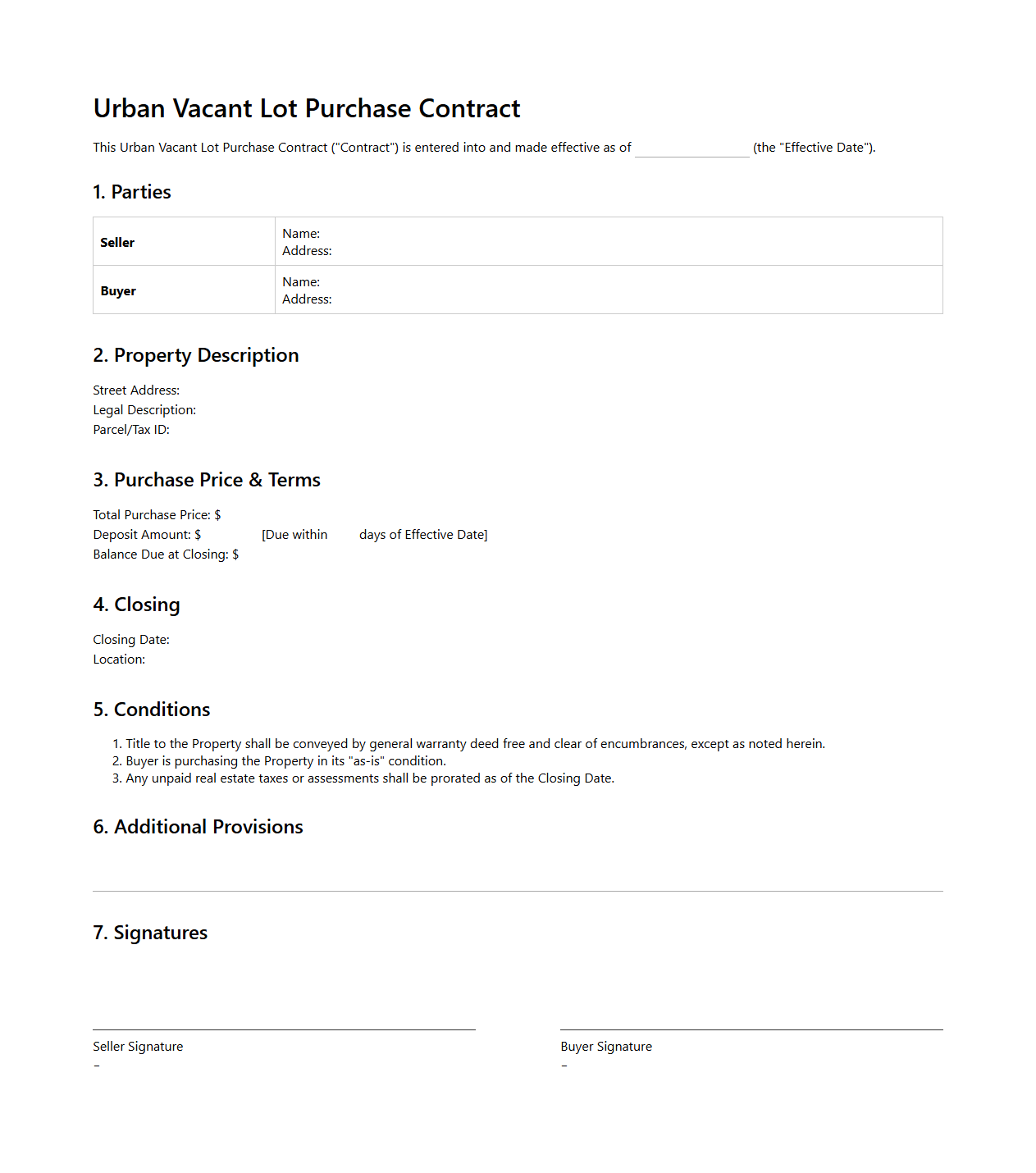 Urban Vacant Lot Purchase Contract Example