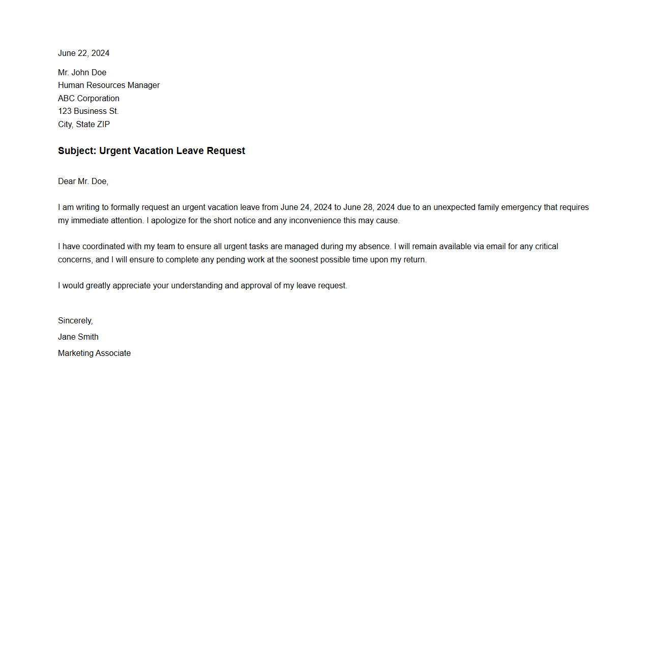 Urgent Vacation Leave Request Letter Sample