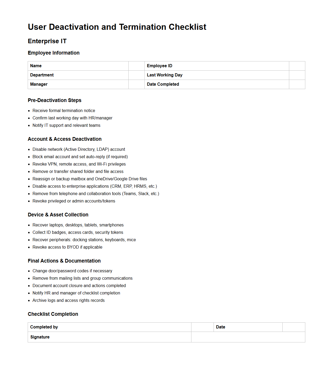 User Deactivation and Termination Checklist for Enterprise IT