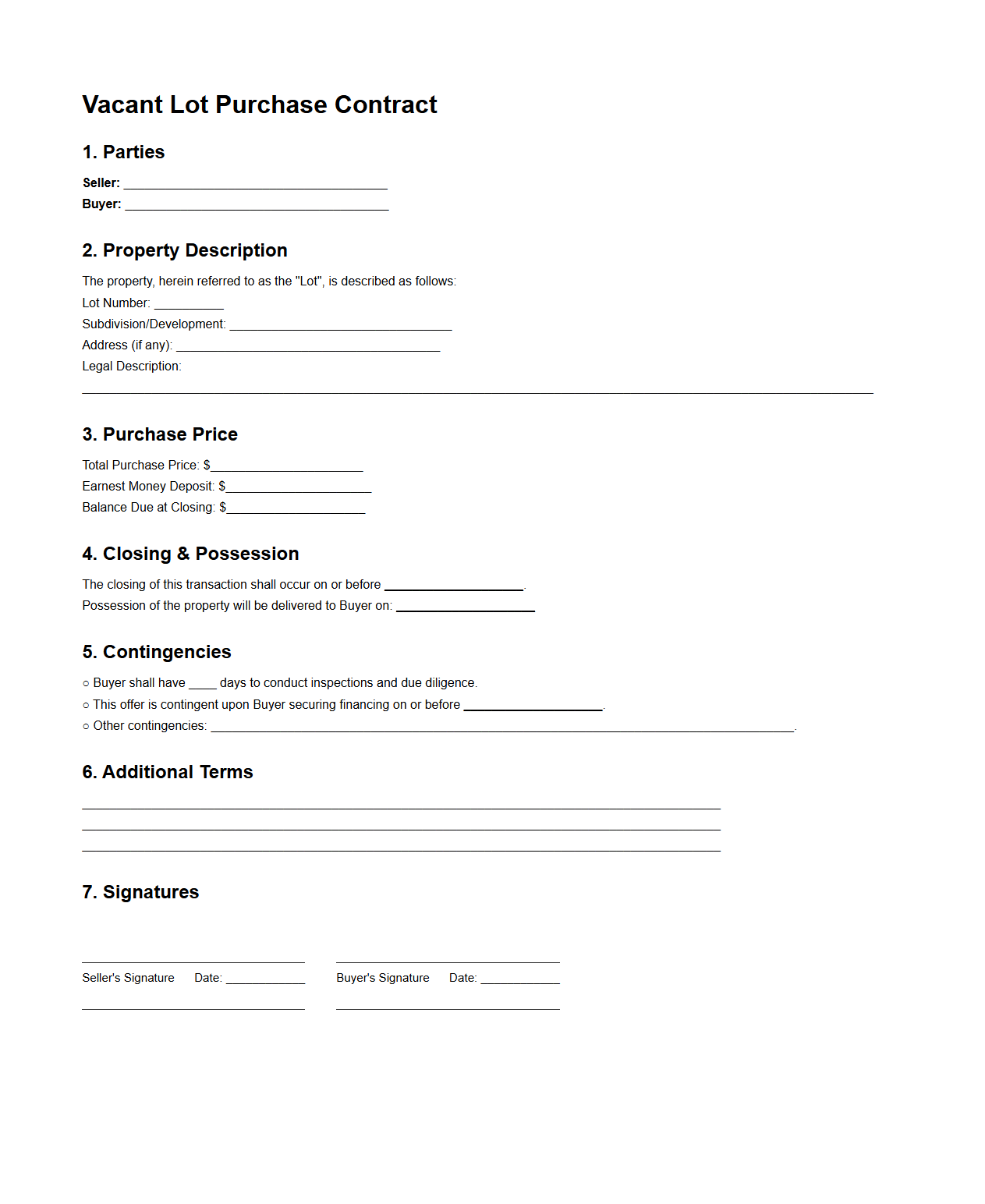 Vacant Lot Purchase Contract Example
