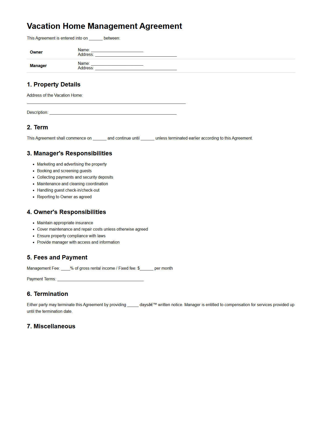 Vacation Home Management Agreement Format
