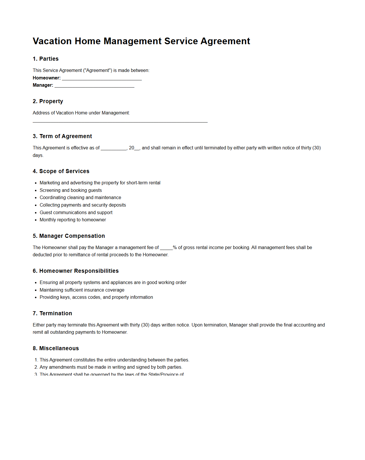 Vacation Home Management Service Agreement Model