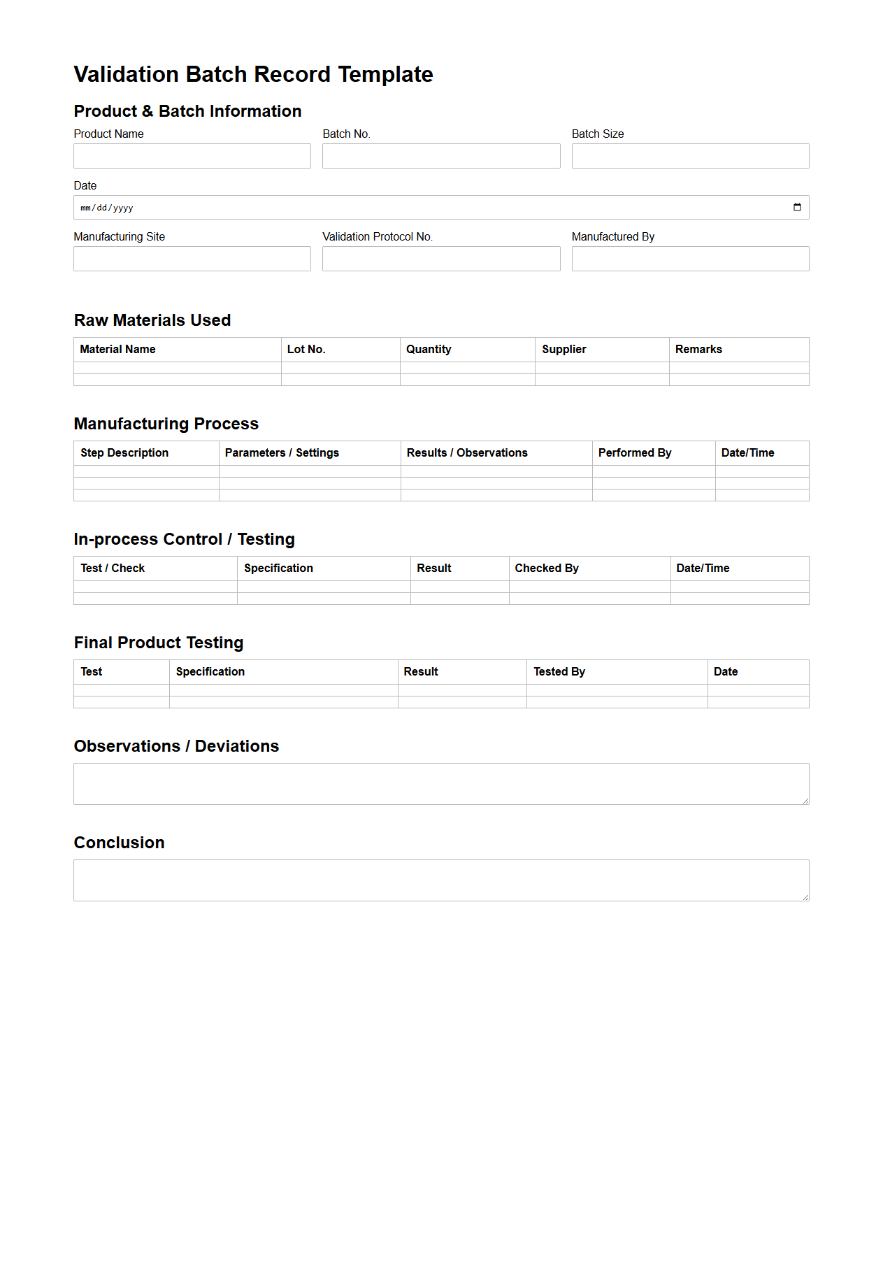 Validation Batch Record Template