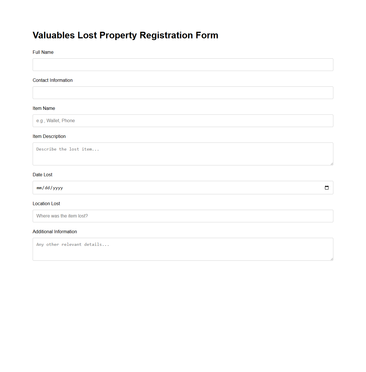 Valuables Lost Property Registration Form