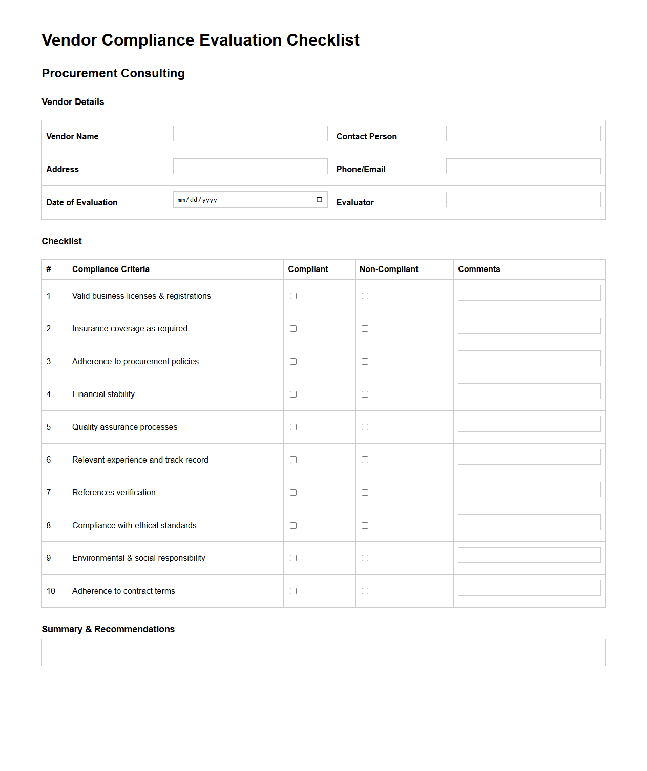 Vendor Compliance Evaluation Checklist for Procurement Consulting
