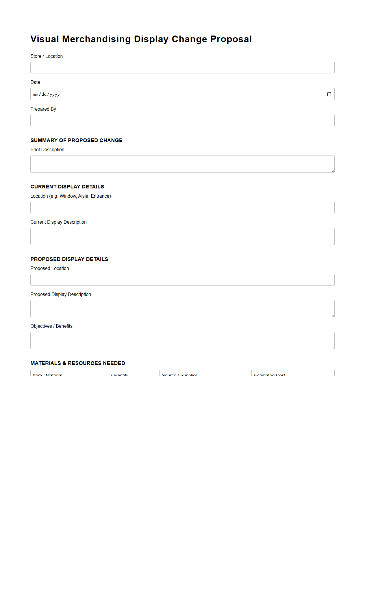 Visual Merchandising Display Change Proposal Template