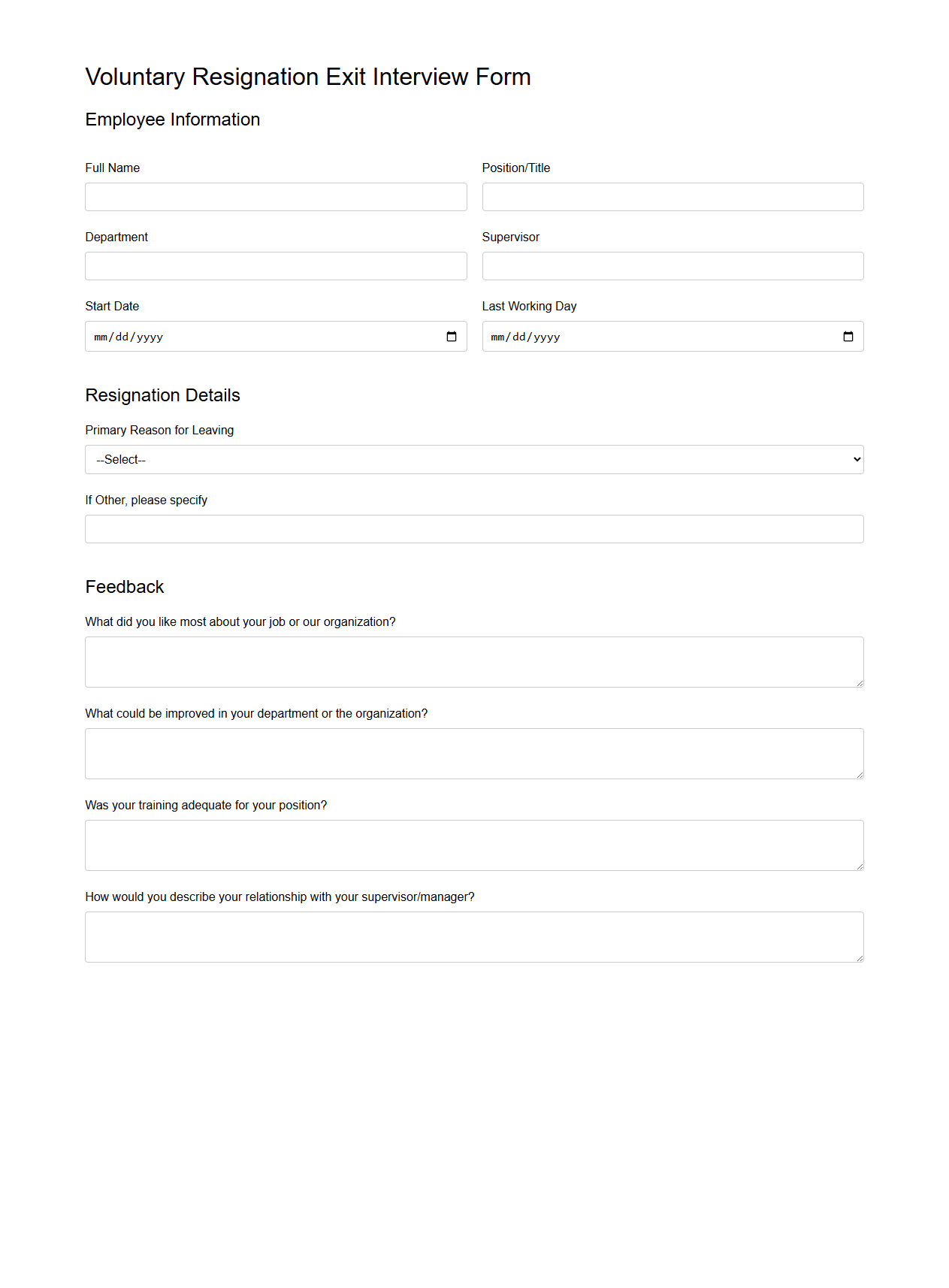 Voluntary Resignation Exit Interview Form