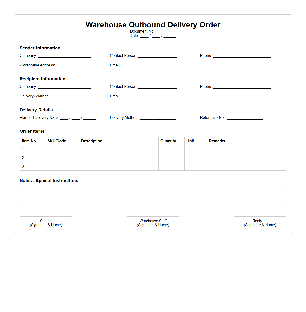 Warehouse Outbound Delivery Order Document Example