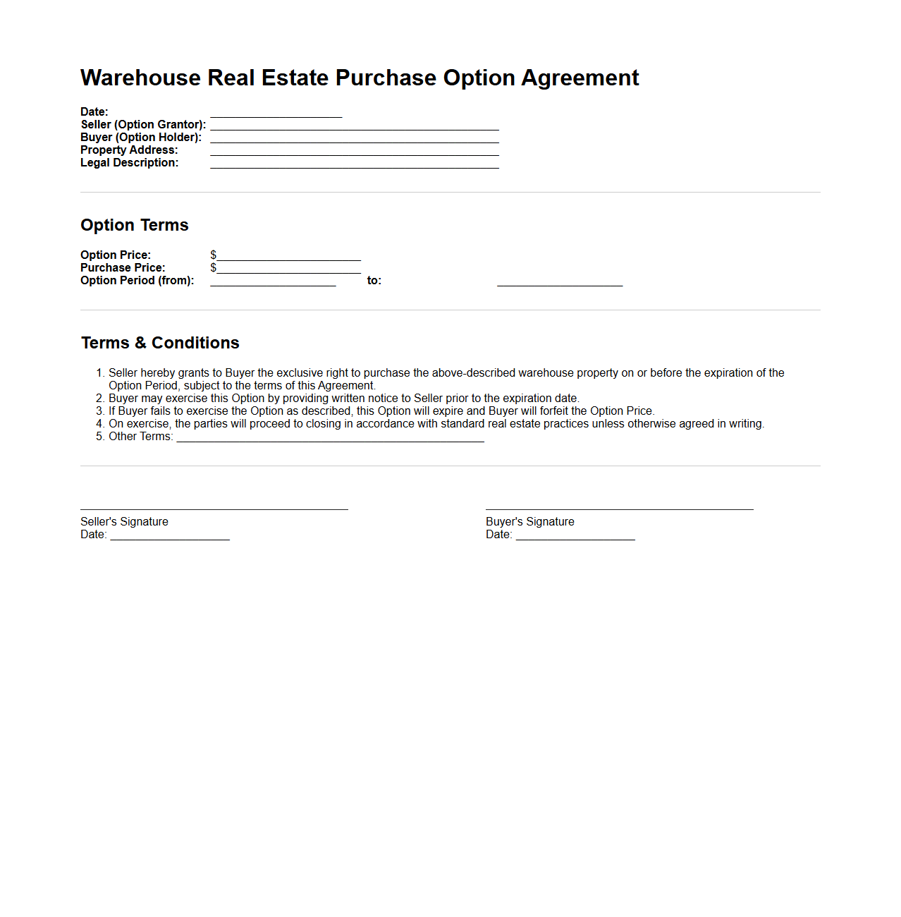Warehouse Real Estate Purchase Option Template