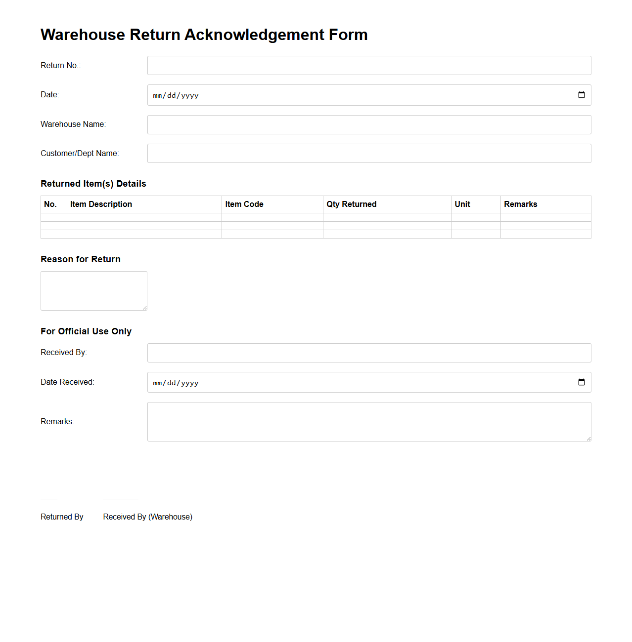 Warehouse Return Acknowledgement Form