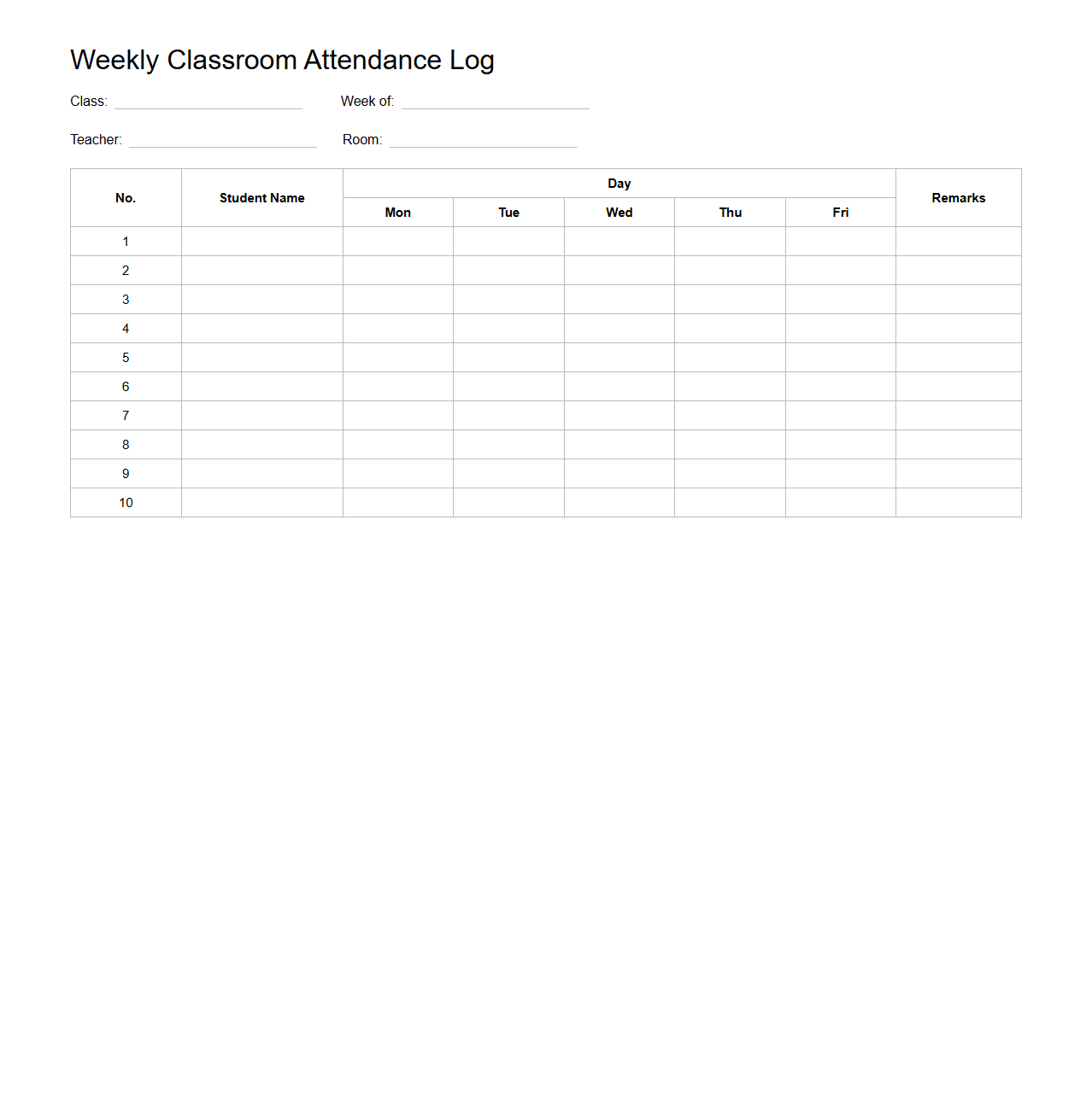 Weekly Classroom Attendance Log