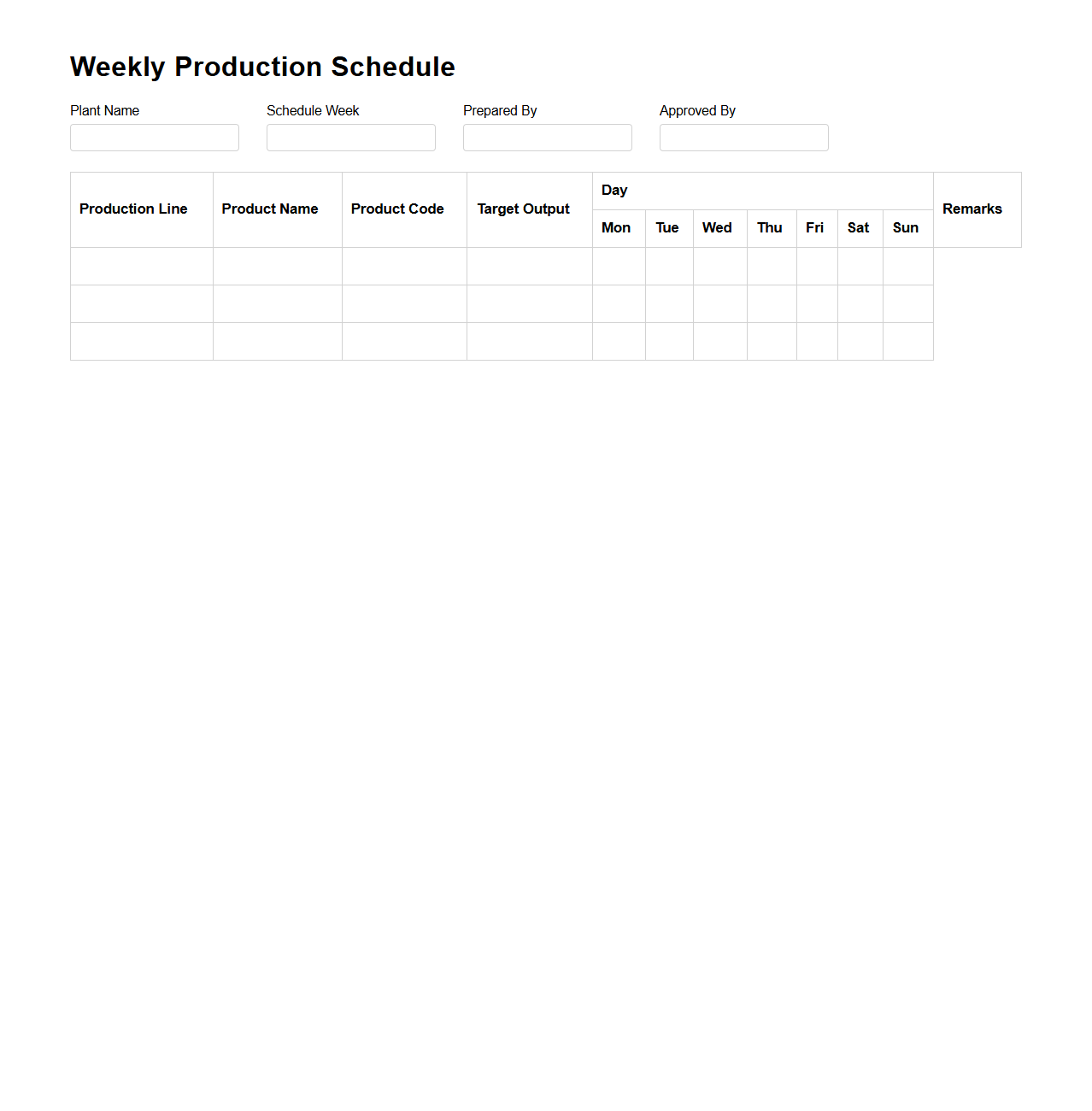 Weekly Production Schedule Template for Manufacturing Plant
