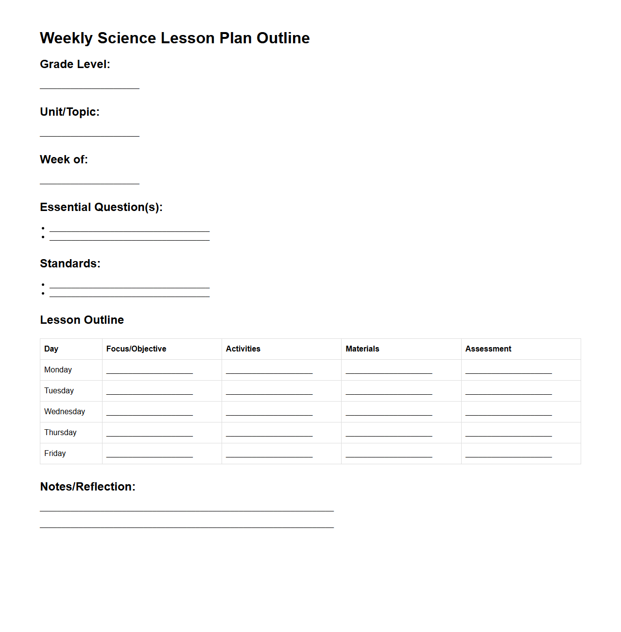 Weekly Science Lesson Plan Outline for Middle School