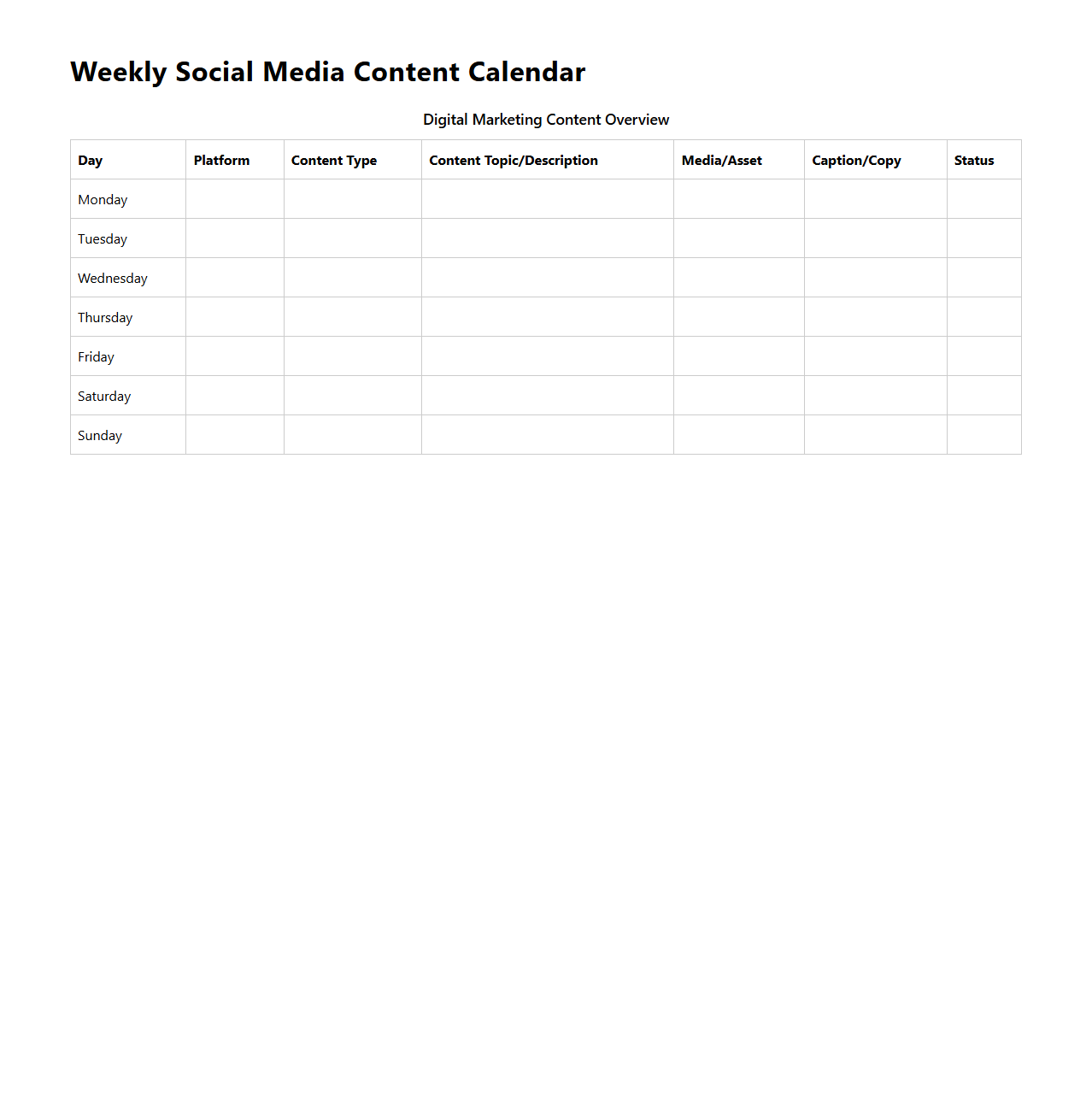 Weekly Social Media Content Calendar Template for Digital Marketing