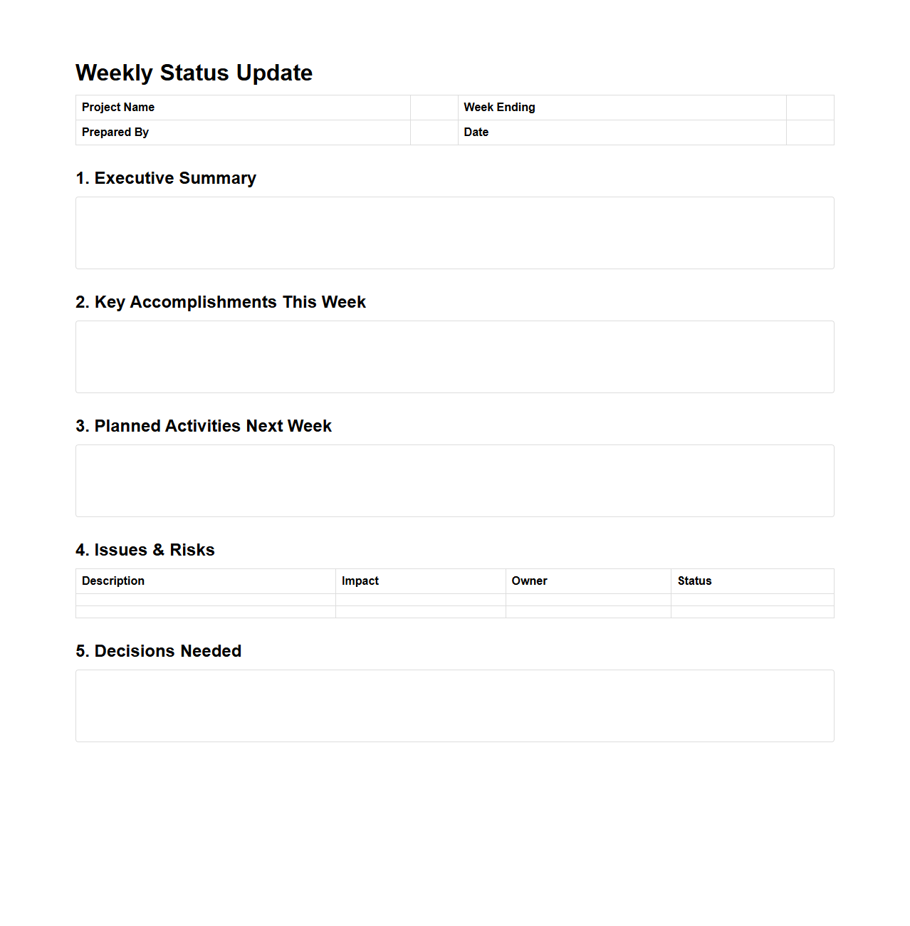 Weekly Status Update Document for Management Consulting Projects