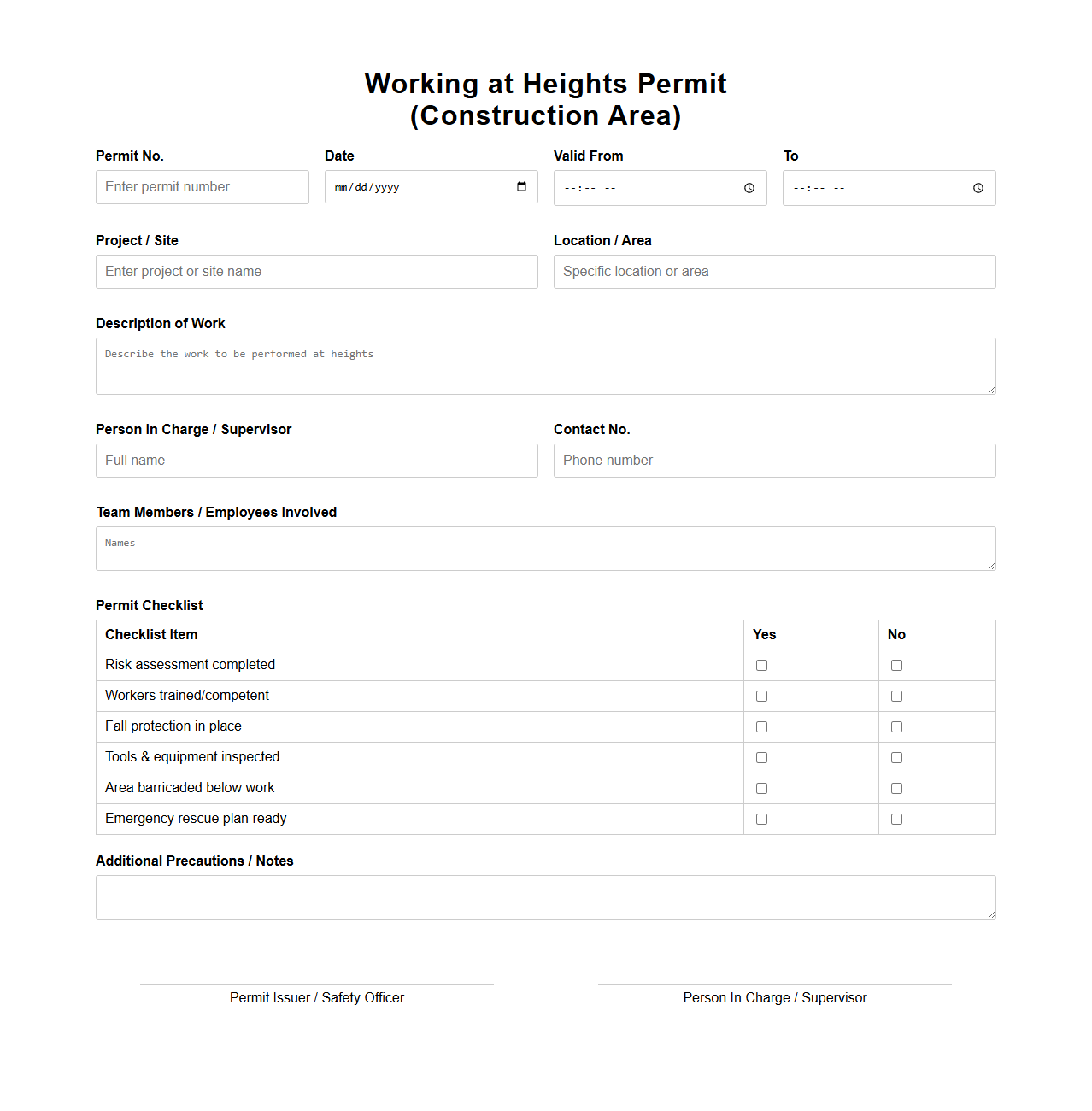 Working at Heights Permit Sample for Construction Areas