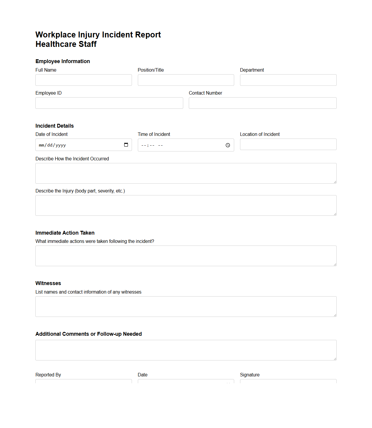 Workplace Injury Incident Report for Healthcare Staff