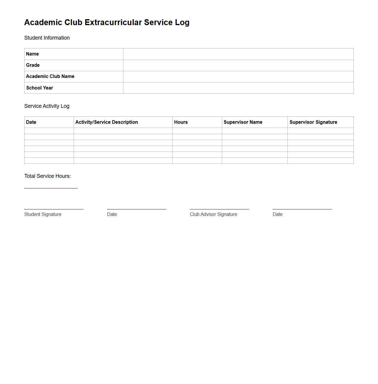 Academic Club Extracurricular Service Log