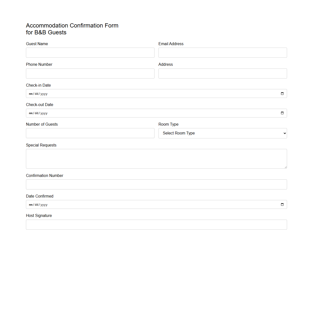 Accommodation Confirmation Form for B&B Guests