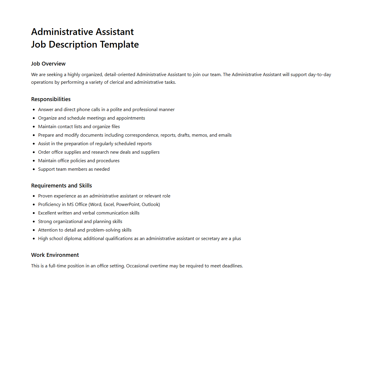 Administrative Assistant Job Description Template