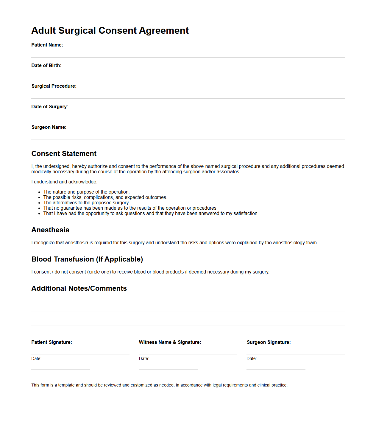 Adult Surgical Consent Agreement Template