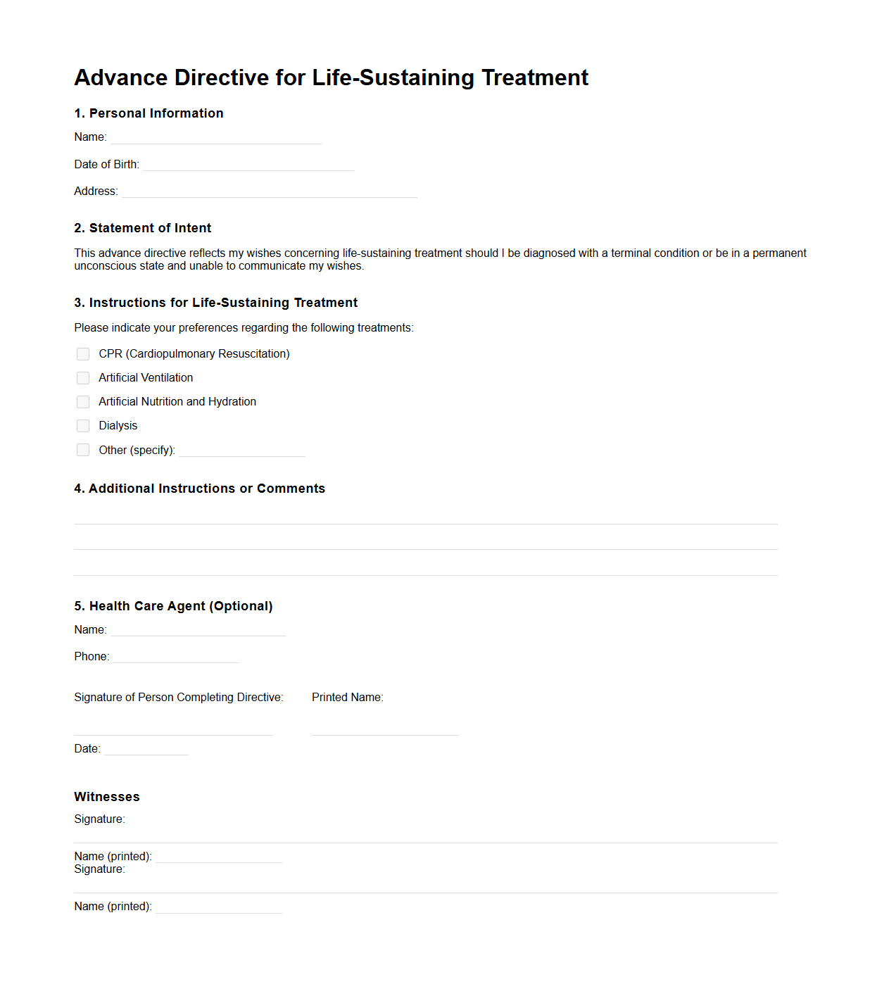 Advance Directive for Life-Sustaining Treatment Example