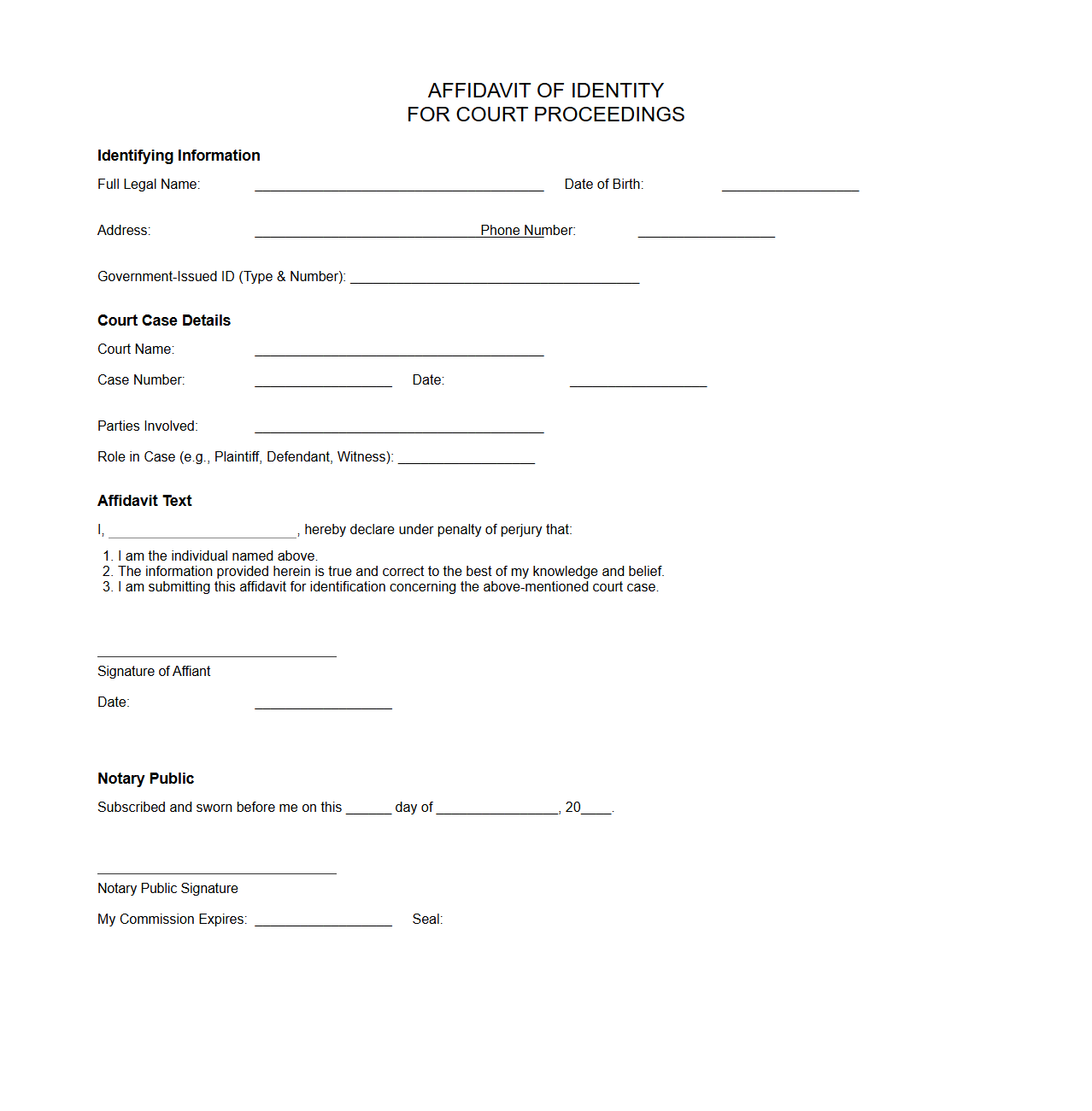 Affidavit of Identity for Court Proceedings
