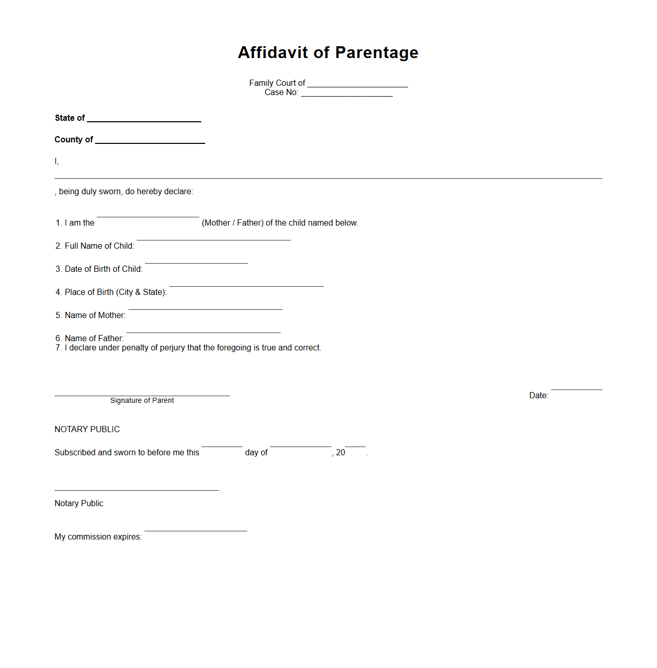 Affidavit of Parentage for Family Court